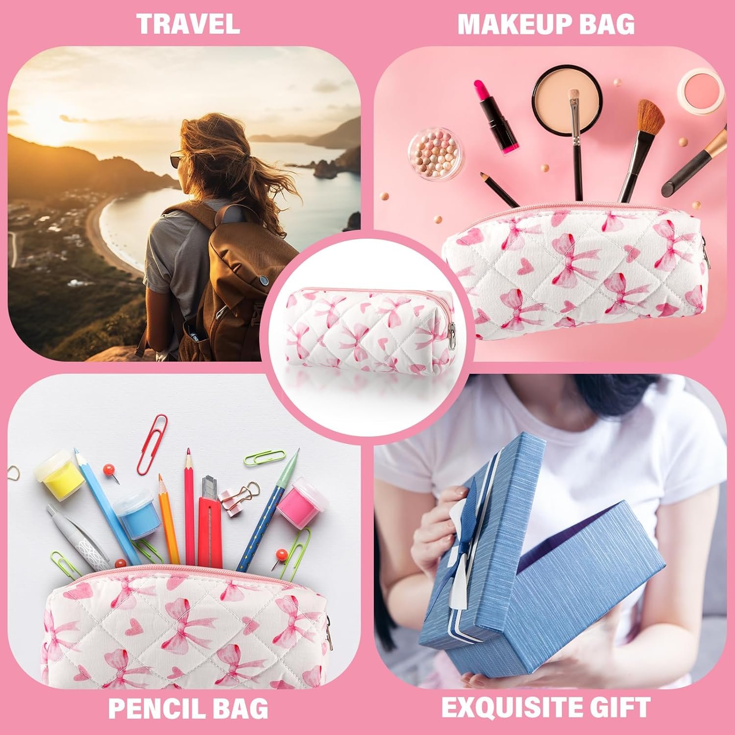 Custom Logo Coquette Bow Pink Pencil Case Cute Soft Cotton Pouch Aesthetic Pattern Storage Bag Private Label Makeup Cosmetic Travel Bag Supplier