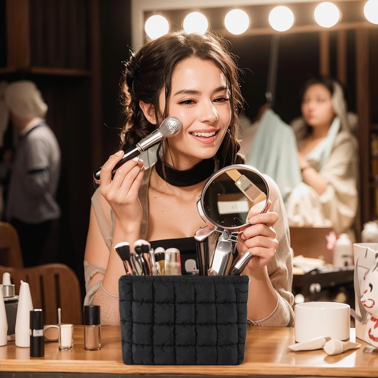 Private Label Soft Checkered Quilted Puffy Makeup Bag for Women Custom Logo Aesthetic Puffer Cosmetic Bag Pouch for Purse Manufacturer (Black)