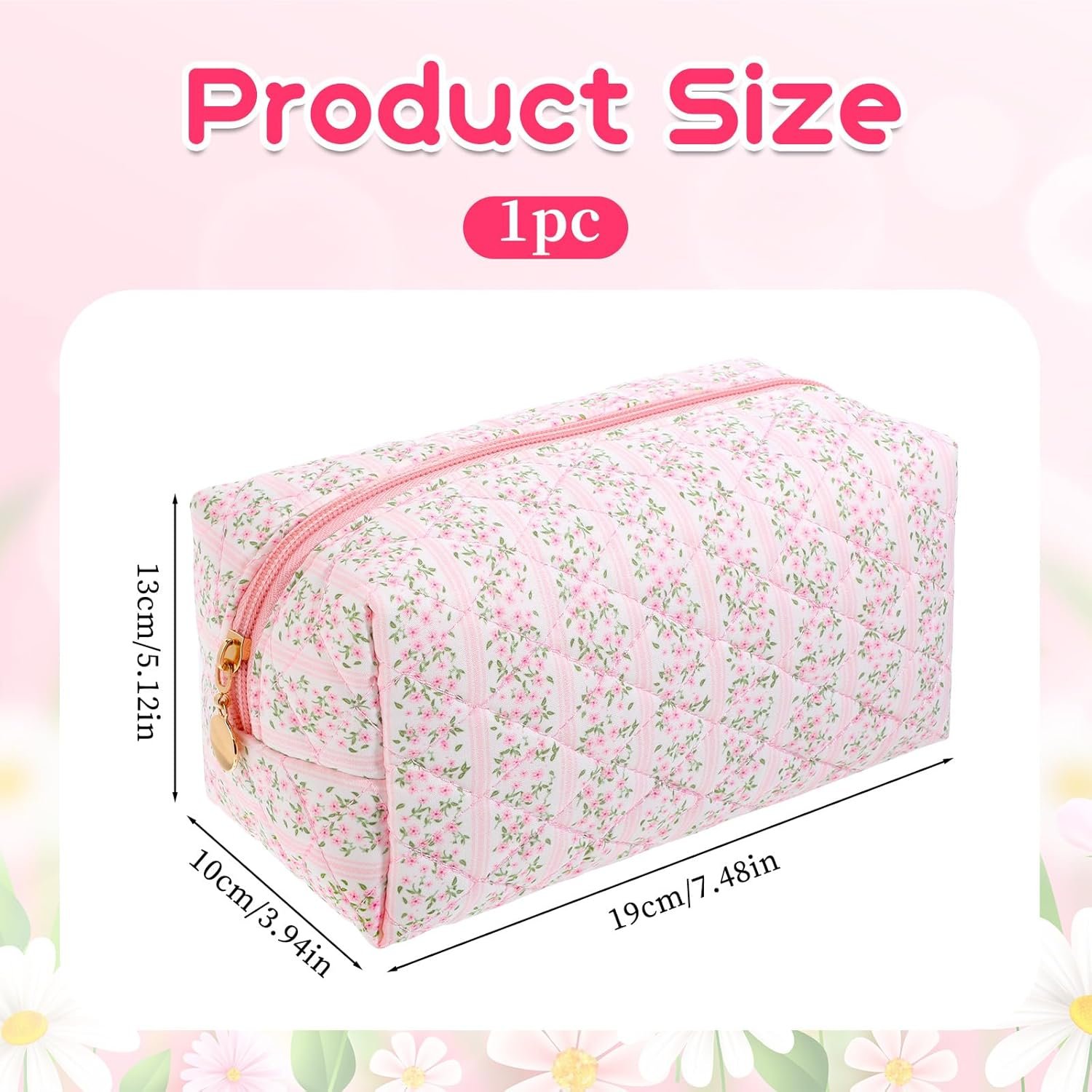 Custom Logo Floral Quilted Makeup Bag Travel Cosmetic Organizer Pink Flowers Zipper Toiletry Pouch Private Label Portable Cloth Storage Pen Case for Women Girls Manufacturer