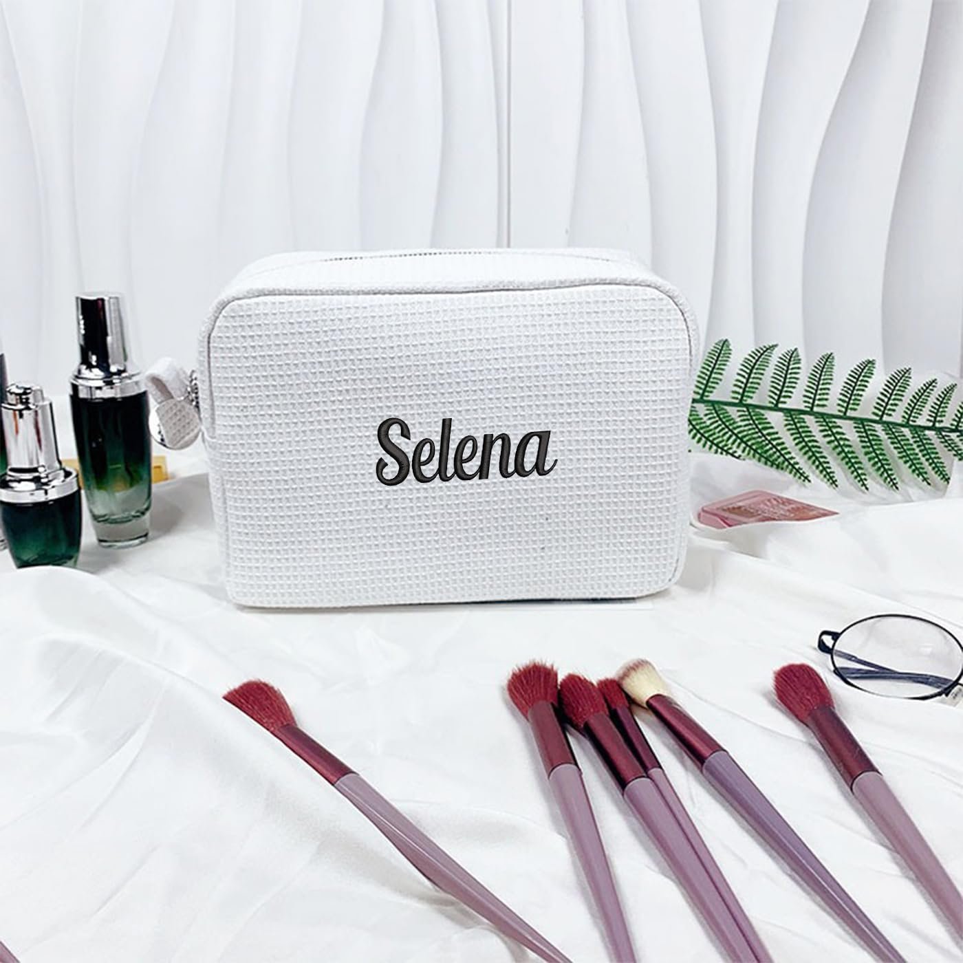 Private Label Embroidered Makeup Bag, Custom Logo Personalized Waffle Fabric Cosmetic Pouch for Women Travel, Manufacturer (6, White)