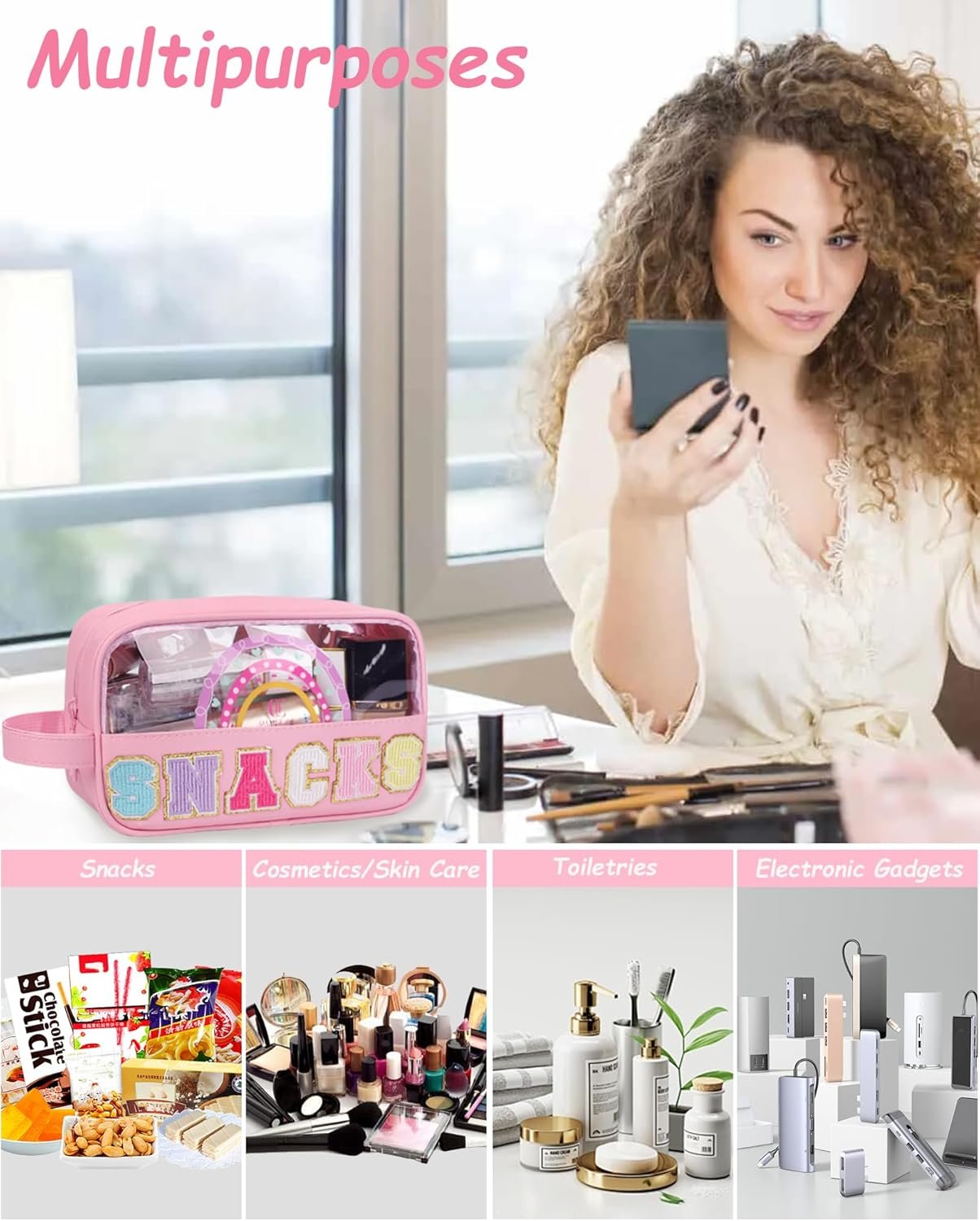 Private Label Clear Snack Pouch Makeup Travel Toiletry Bag with Custom Logo Embroidery Letters Cosmetic Bag for Women Girls Teens Easter Basket Gifts Supplier