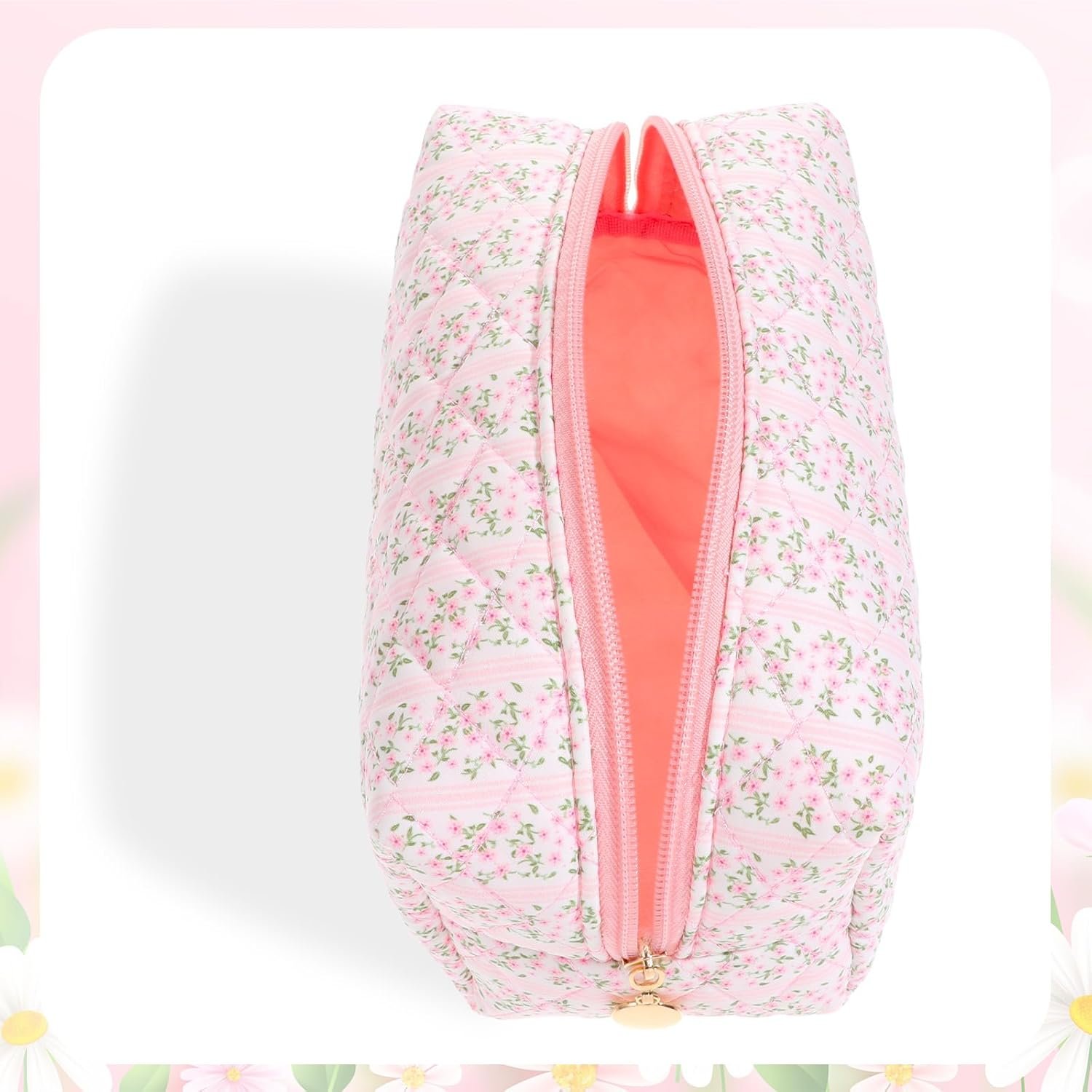 Custom Logo Floral Quilted Makeup Bag Travel Cosmetic Organizer Pink Flowers Zipper Toiletry Pouch Private Label Portable Cloth Storage Pen Case for Women Girls Manufacturer
