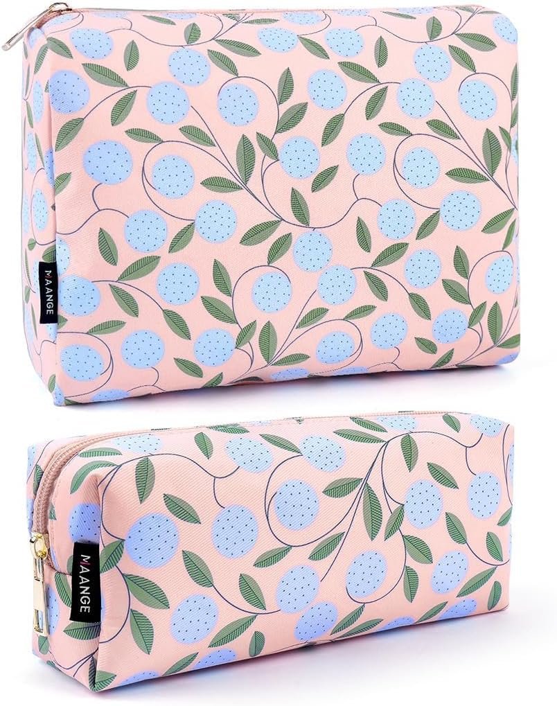 Custom Logo 2PCS Makeup Bag for Women Cosmetic Bag Set Portable Travel Organizer Manufacturer Impermeable Oxford Cloth Gold Zipper Pink Plants Private Label Bolsa de Maquillaje