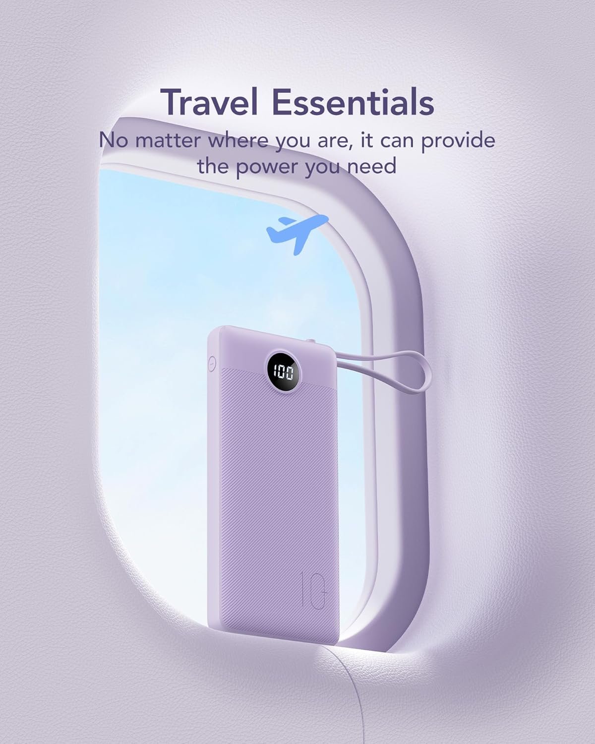 Custom Logo 10000mAh Portable Charger Power Bank Private Label Slim Travel Essentials Battery Pack 5 Outputs 2 Inputs Built-in Cables for iPhone 17/16/15/14/13 Samsung Android Lavender 1 Pack from Manufacturer