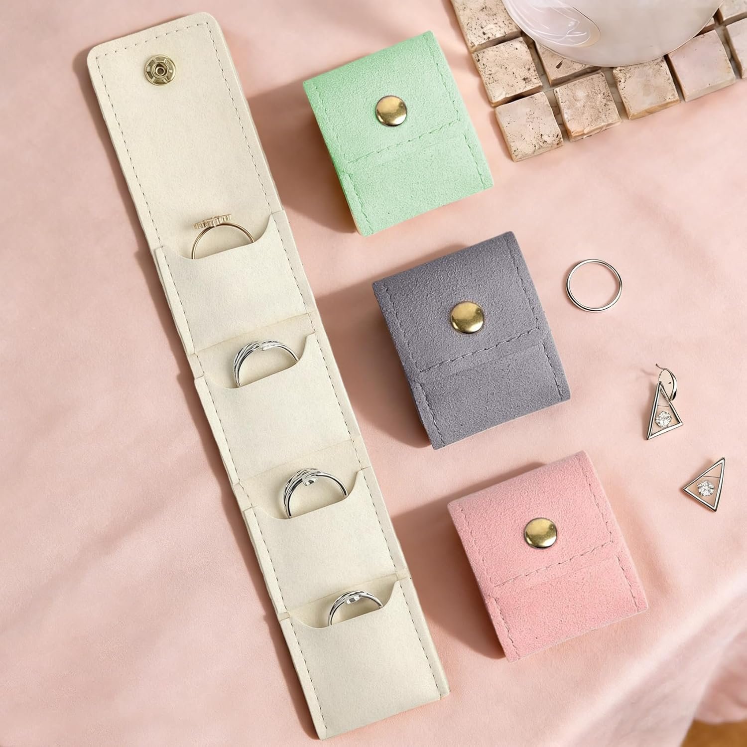 Custom Logo 4Pcs Travel Jewelry Organizer Private Label Small Roll Bag with Buckle Foldable Case for Earrings Rings Necklaces Manufacturer