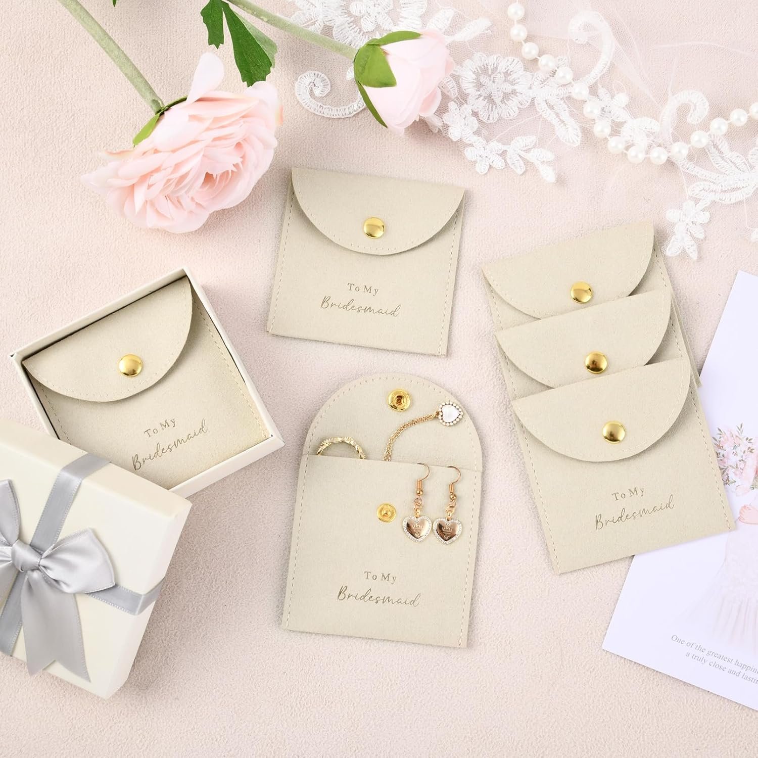 Custom Logo Set of 8 Small Velvet Jewelry Bags with Button Private Label Bridesmaid Proposal Gifts for Bracelet Earring Necklace Packaging Bridal Party Favors Factory Beige