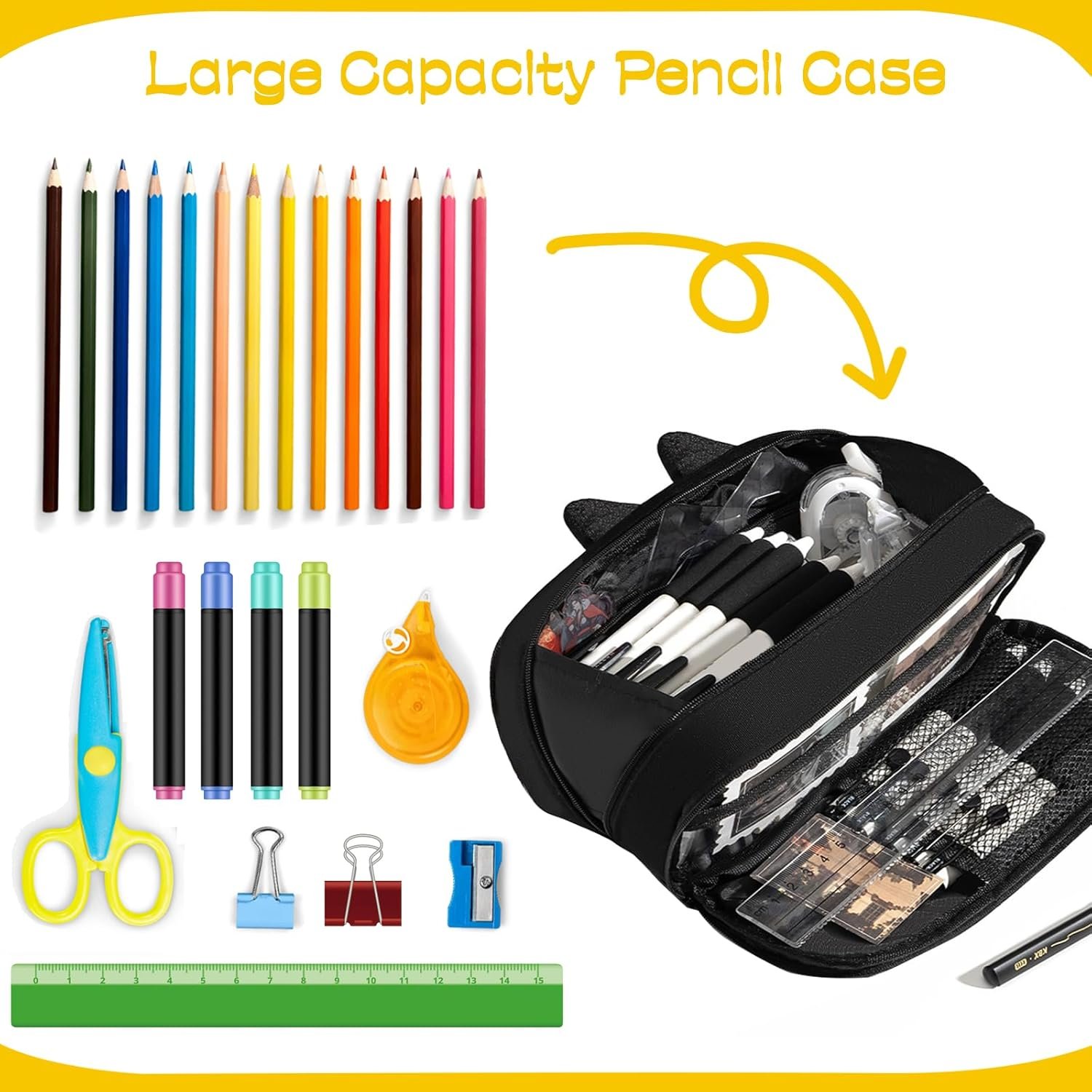 Private Label Large Capacity Pencil Case Pouch Custom Logo Embroidered Black Cat Design Portable School Supplies Bag Manufacturer for Kids Teens Students Gift for Girls