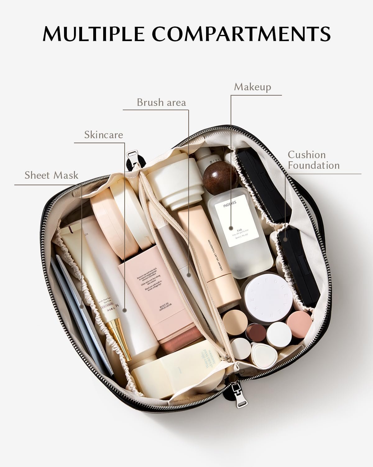 Private Label Lychee Leather Large Capacity Travel Makeup Bag Custom Logo Open Flat Toiletry Bag with TPU Brush Compartment Waterproof Skincare Organizer Factory