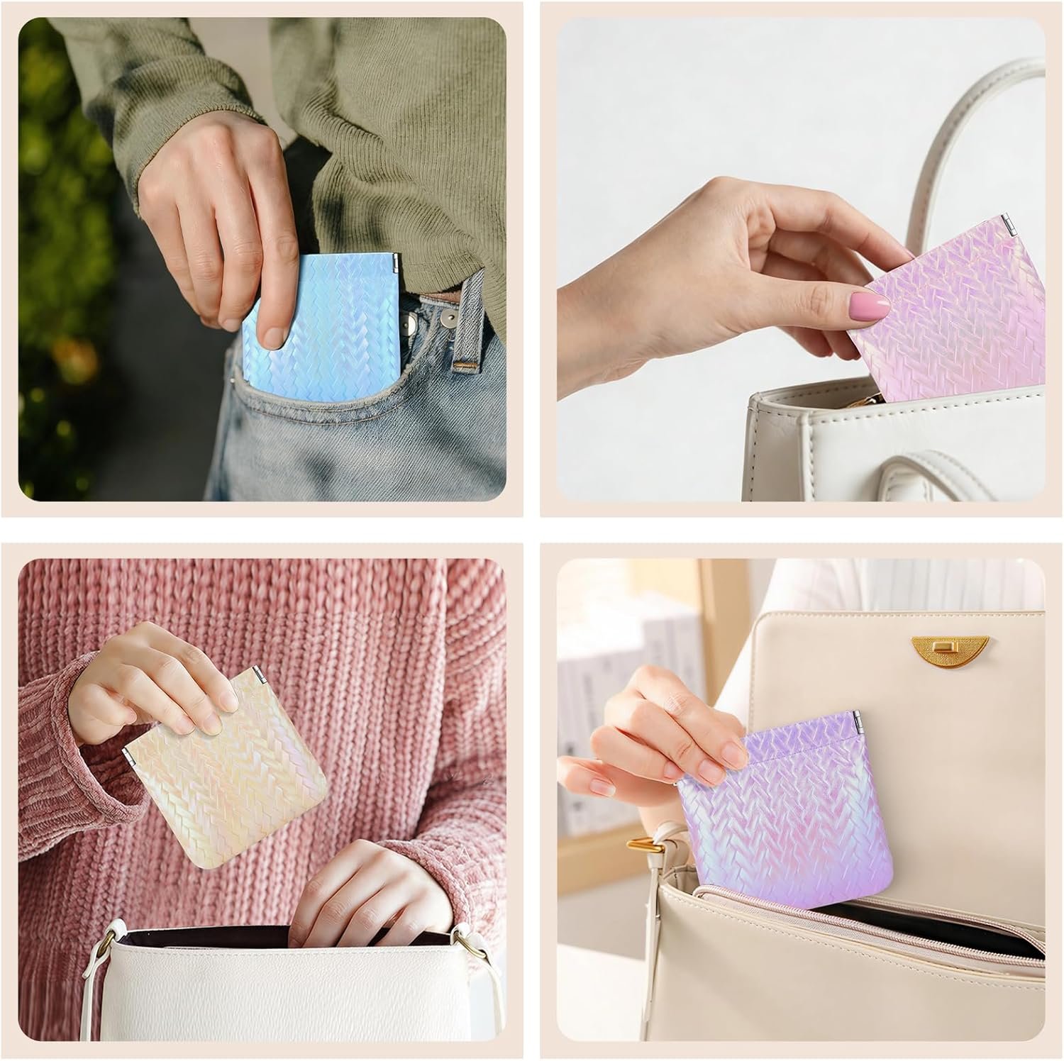 Custom Logo 4-Piece Holographic Small Makeup Bag Mini Cosmetic Pouch for Women, Private Label No Zipper Self-Closing Travel Organizer Coin Purse for Lipstick Cosmetics Jewelry Cards Coins, Waterproof Faux Leather Factory