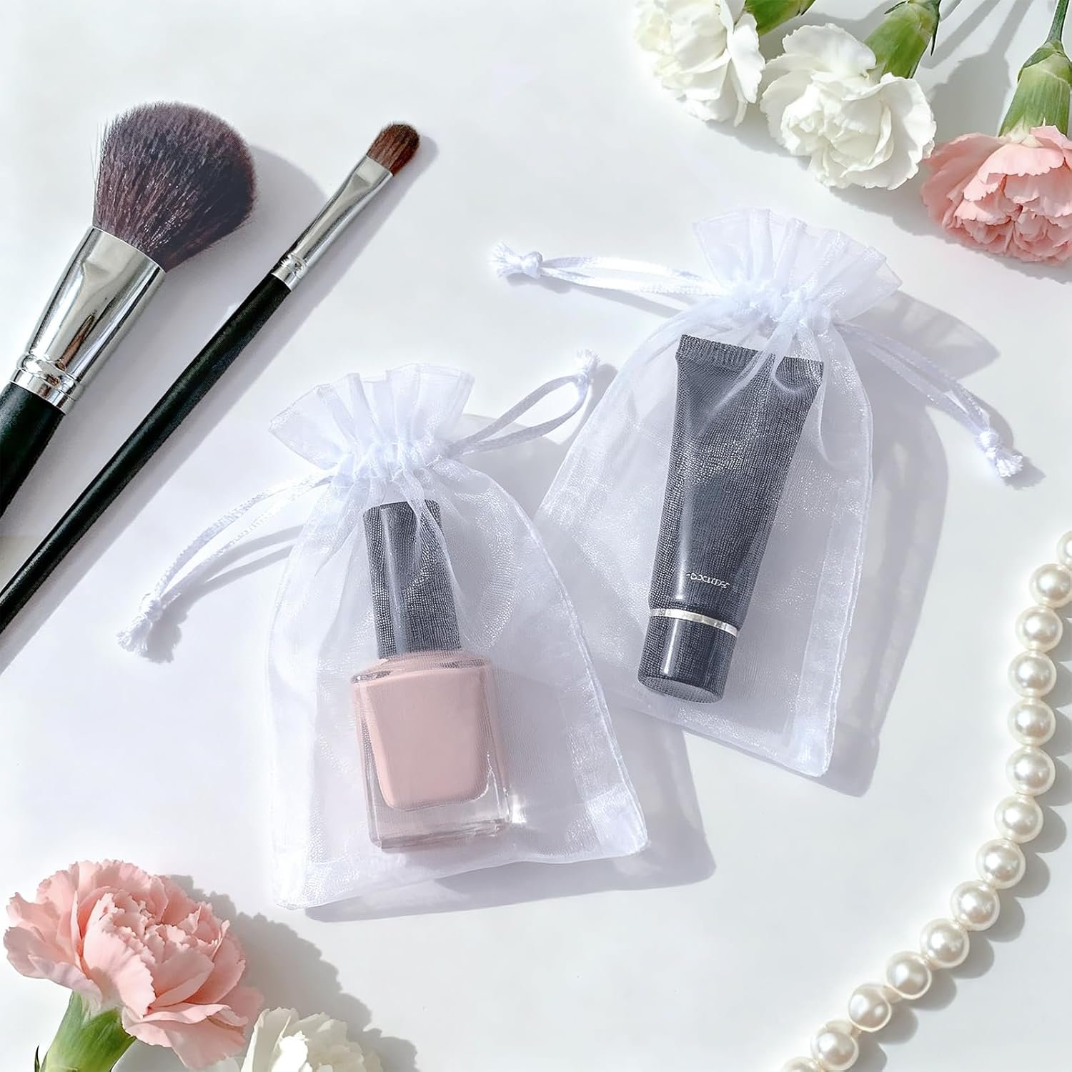 Private Label 50Pcs 2x3 Inch White Organza Gift Favor Bags with Drawstring, Jewelry Mesh Pouches for Wedding Festival Makeup Candy Desserts Custom Logo Manufacturer