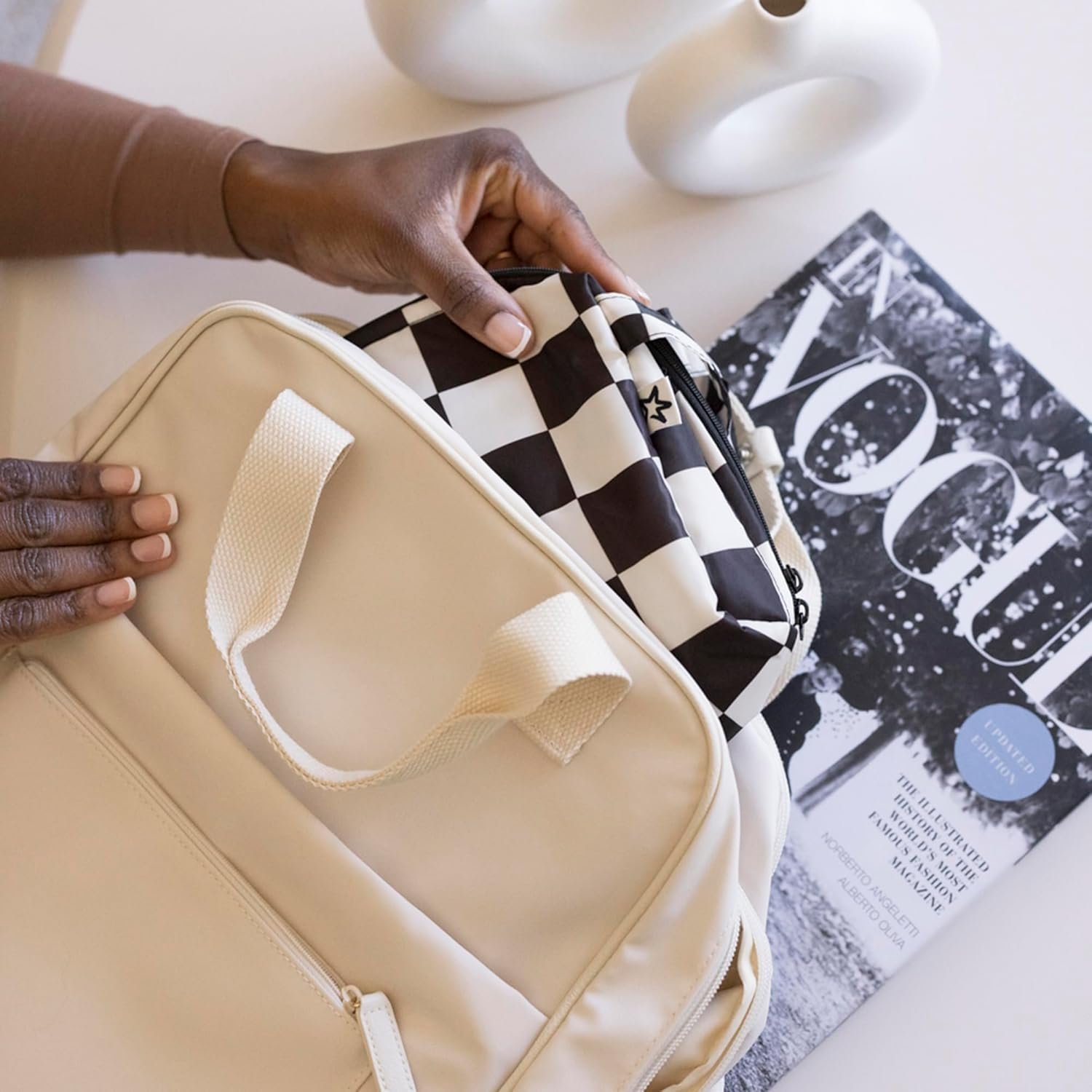 Custom Logo Waterproof Travel Toiletry & Makeup Bag Organizer | Private Label Pouch with Multiple Compartments & Snap Handle for Travel | Manufacturer Gift for Teen Girls and Women Black Checkers