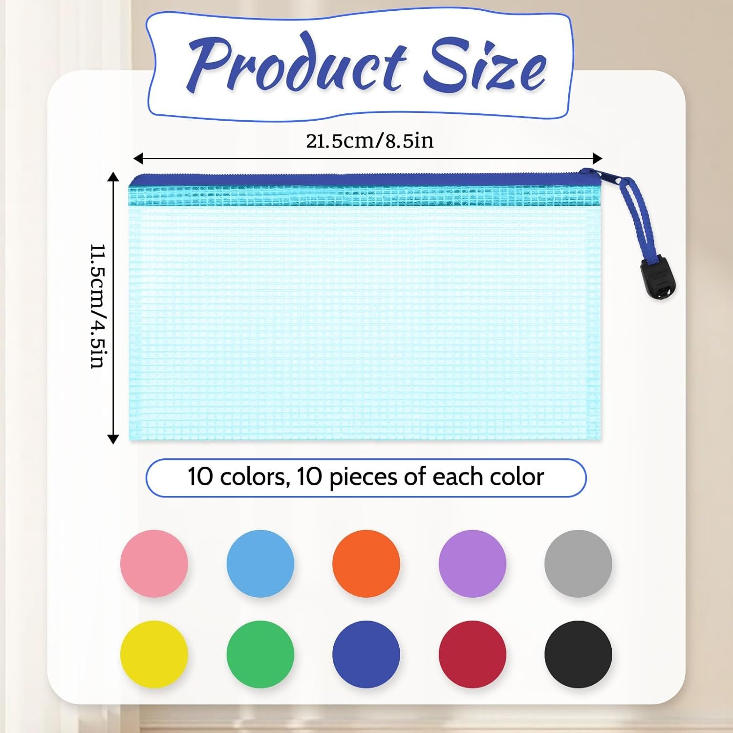 Factory 100 Pcs Bulk Mesh Zipper Pencil Pouches 8.5 x 4.5 Inch Clear Plastic Waterproof Cases for Stationery Cosmetics Bills Envelopes Storage with Custom Logo 10 Colors Private Label