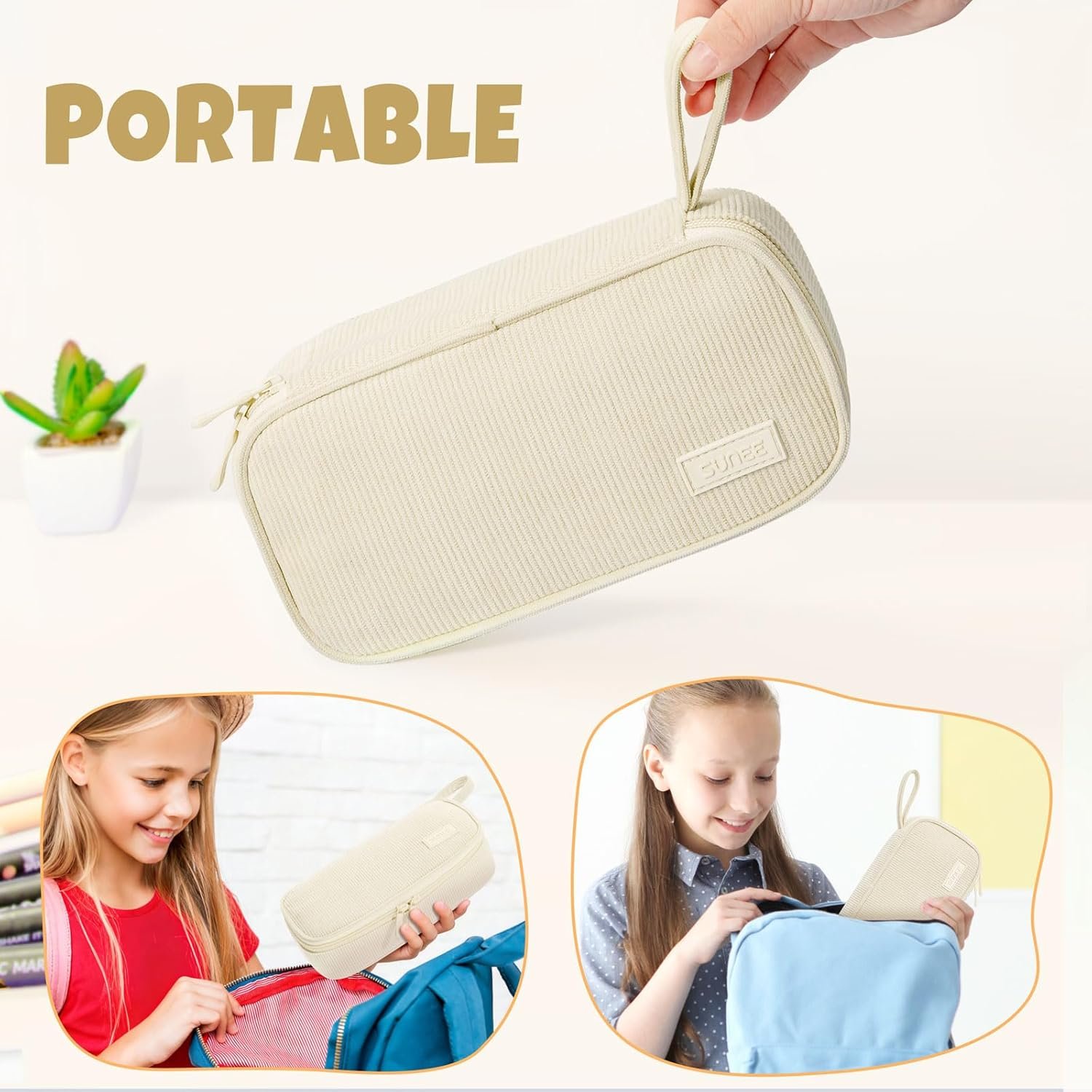 Custom Logo Cute Large Capacity Pencil Case Aesthetic Zipper Pencil Pouch Big Storage Soft Corduroy Pen Organizer Private Label Back to School Supplies for Teen Girls Boys Beige Supplier