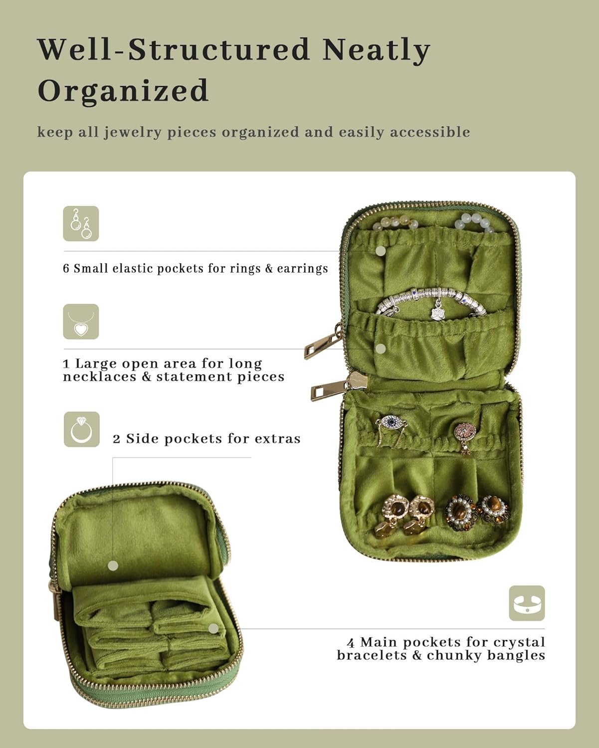 Private Label Compact Travel Jewelry Organizer Storage Case Manufacturer for Rings Earrings Necklace Bracelets Portable Velvet Pouch with Double Zippers Accessories Travel Essential Custom Logo Gift for Women Green