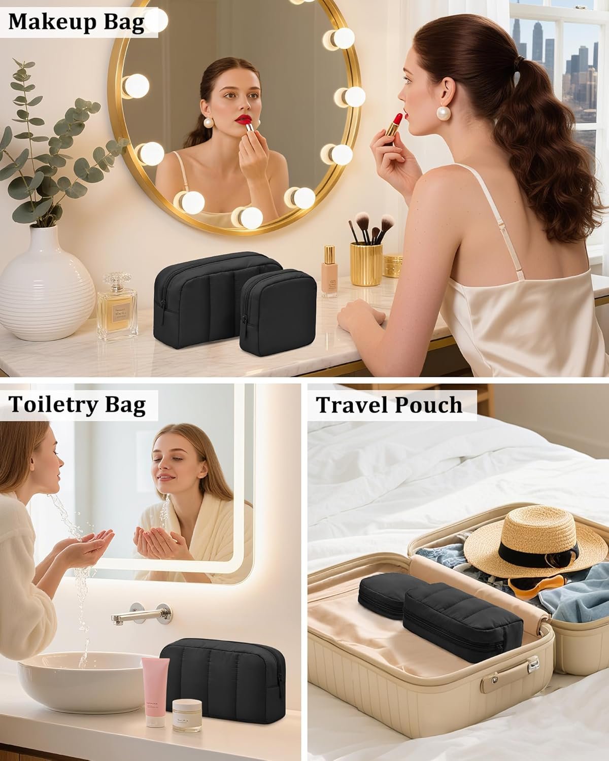 Custom Logo 2 Pcs Puffy Padded Makeup Travel Toiletry Bags for Women Private Label Wide-Open Cosmetic Organizer Pouches from Manufacturer