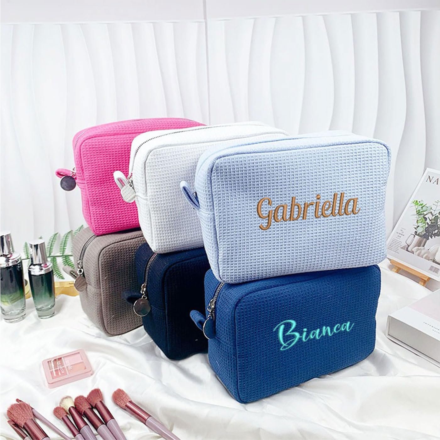 Private Label Embroidered Makeup Bag, Custom Logo Personalized Waffle Fabric Cosmetic Pouch for Women Travel, Manufacturer (6, White)