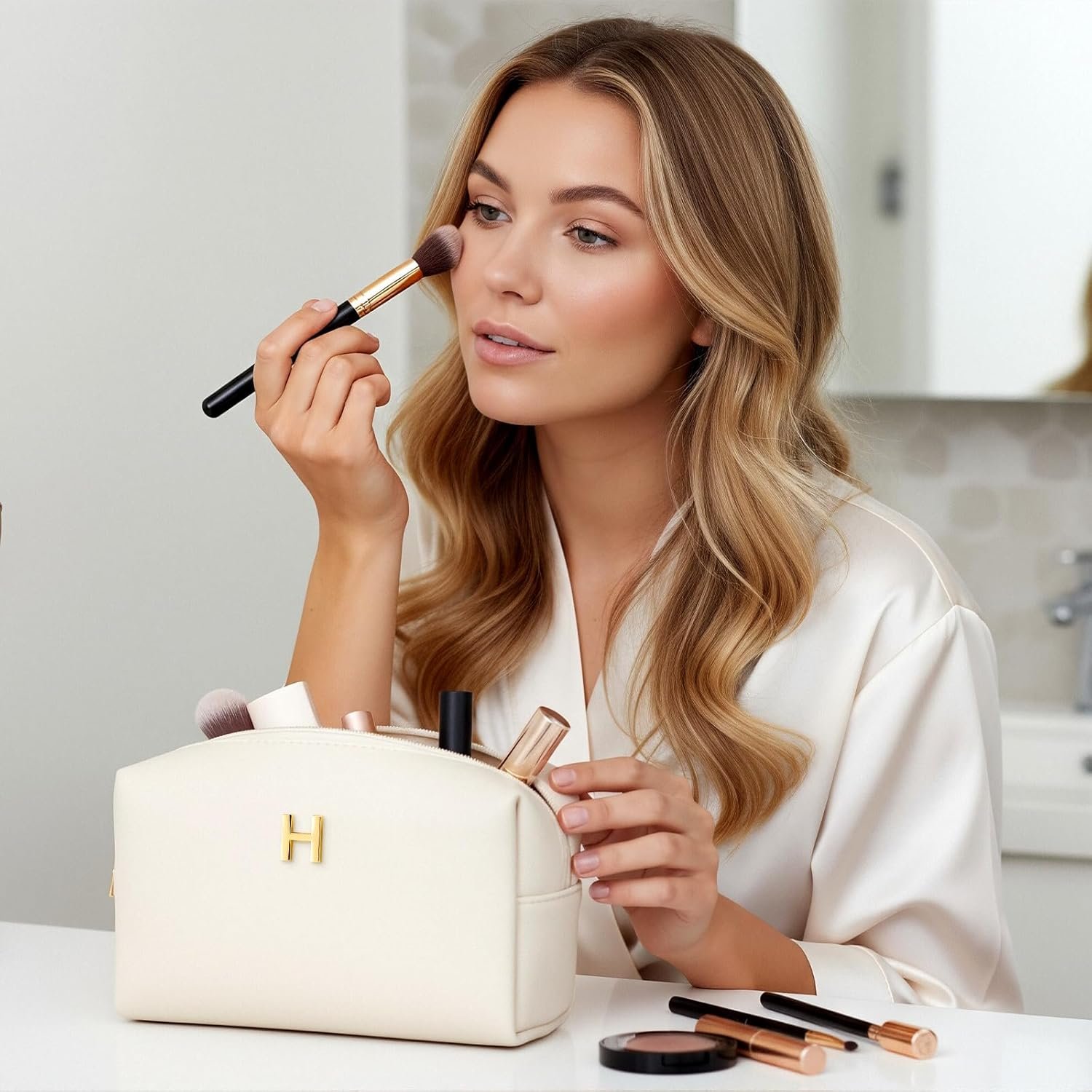 Custom Logo PU Leather Monogram Makeup Bag Personalized Cosmetic Travel Toiletry Pouch for Women Girls Bridesmaids Private Label Christmas Birthday Wedding Gifts Stocking Stuffers Manufacturer (H)