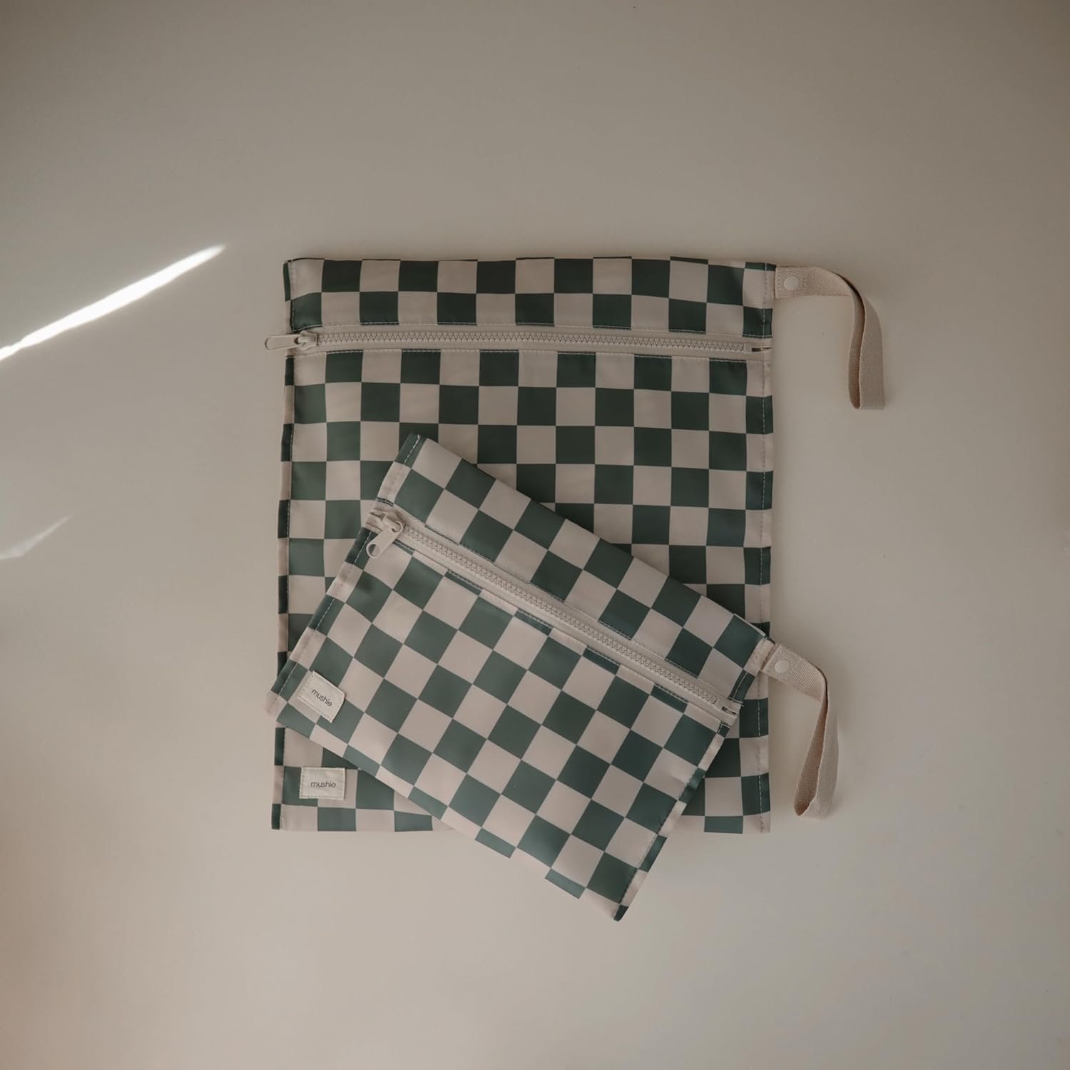 Private Label Water Resistant Wet Bags | Large & Small Reusable Storage Bag for Baby Items and Travel | Custom Logo Zippered Pockets with Handle | Machine Washable Set of 2 from Manufacturer (Olive Check)