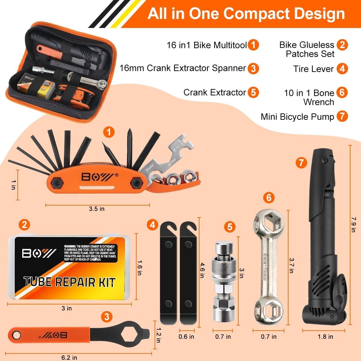 Custom Logo Bicycle Repair Bag with Tire Pump, Private Label Portable Tool Kit for Camping Travel Bike Glueless Patches All-in-One Manufacturer Safety Kit