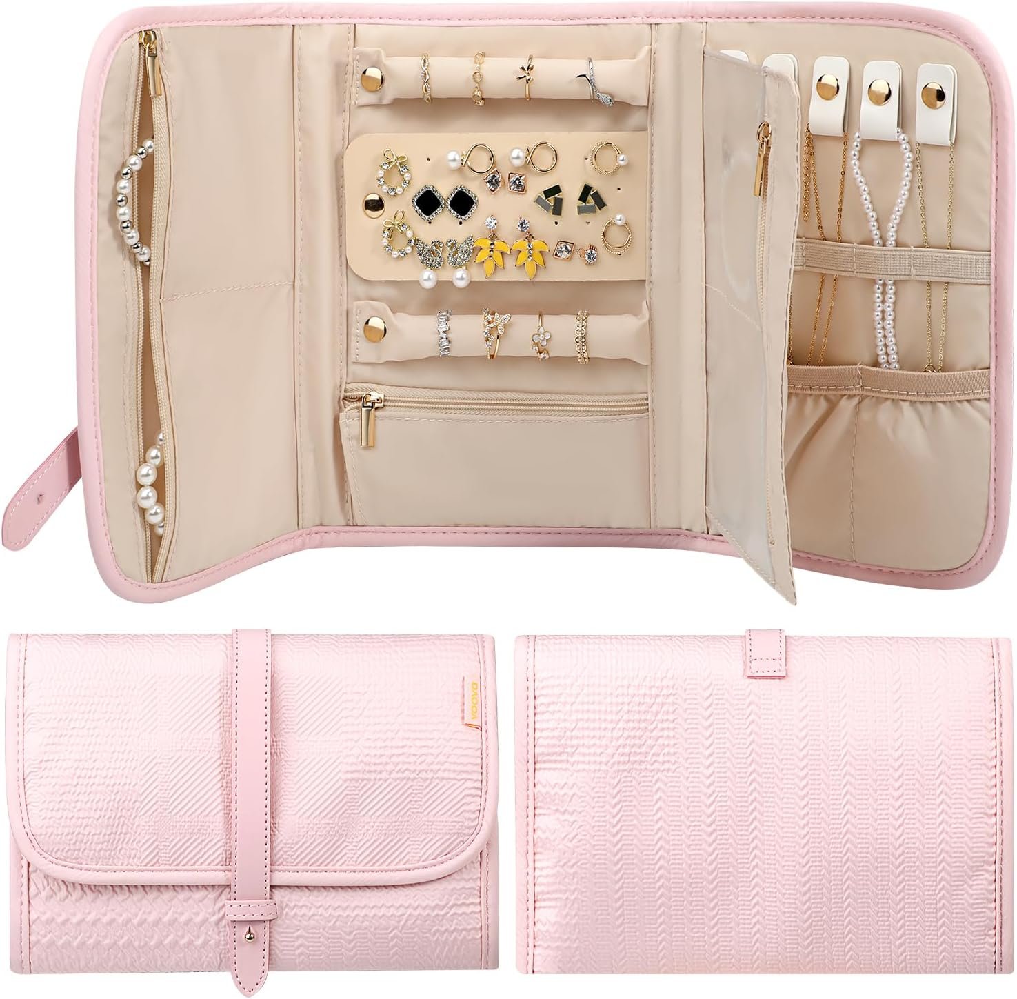 Private Label Travel Jewelry Organizer Case Manufacturer Large Foldable Storage Pouch Roll for Necklaces Rings Earrings Bracelets Custom Logo Light Pink