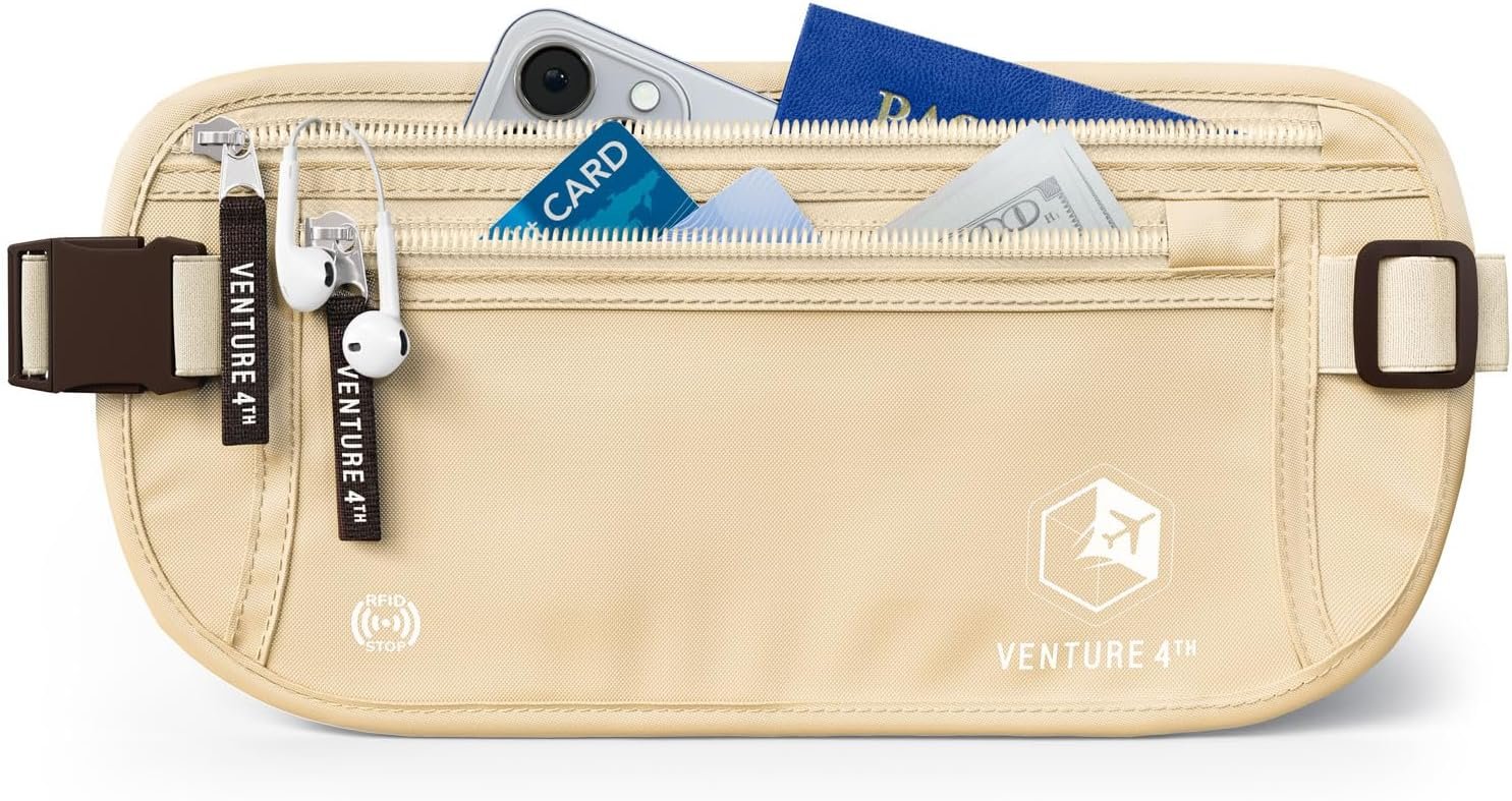 Private Label Money Belt for Travel Hidden Under-Clothes RFID Blocking Passport Holder Slim Pouch with Custom Logo for Men Women Protecting Cash Cards Documents Manufacturer (Beige)