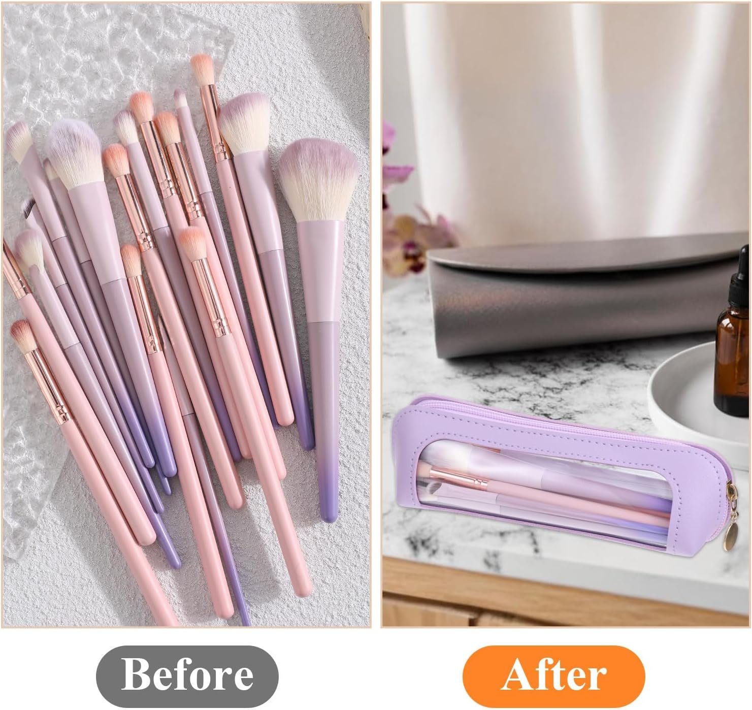 Private Label Clear PU Leather Small Makeup Brush Pouch Manufacturer Portable Travel Mini Cosmetic Organizer Transparent Waterproof with Zipper Custom Logo for Women Home Office Purple