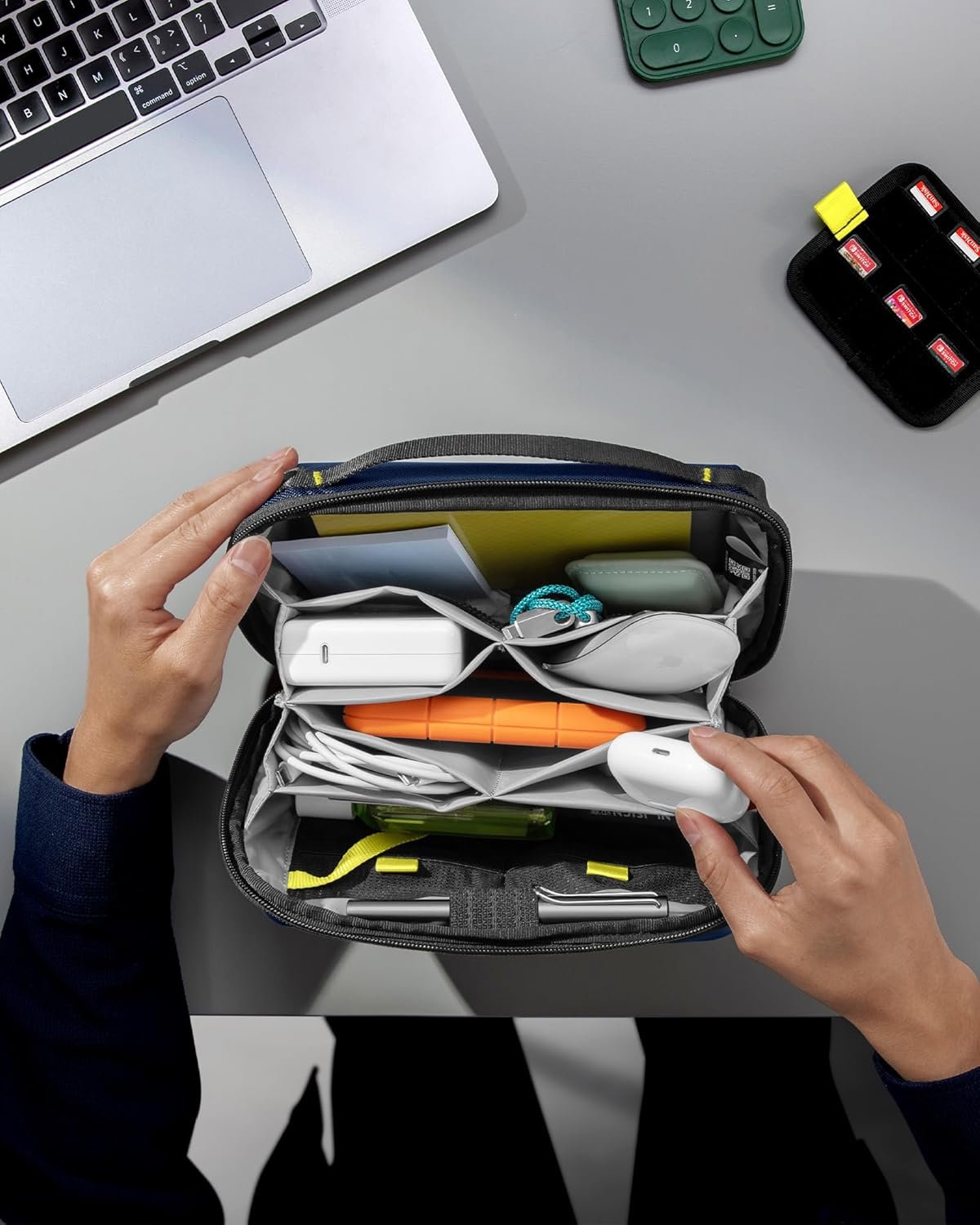 Manufacturer Electronic Organizer Tech Pouch for MacBook Charger Cables Power Bank Hard Drive Cords Custom Logo Water-Resistant Storage Bag with Removable Card Slots USB Adapter Memory Card Blue Private Label