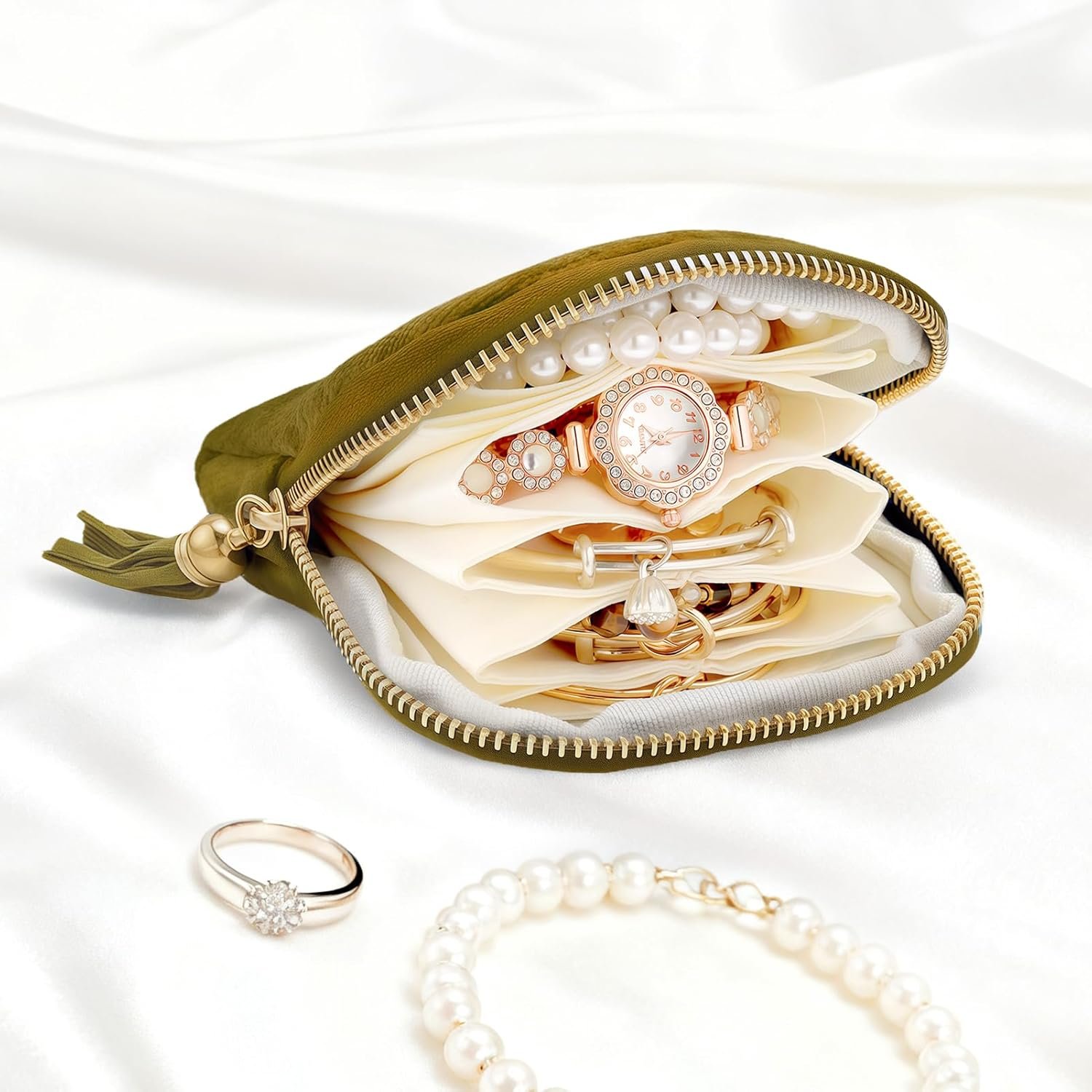 Private Label Small Travel Jewelry Case Custom Logo Mini Velvet Organizer Pouch for Gemstones Bracelets Necklaces Olive Green Valentines Day Gifts for Women Manufacturer