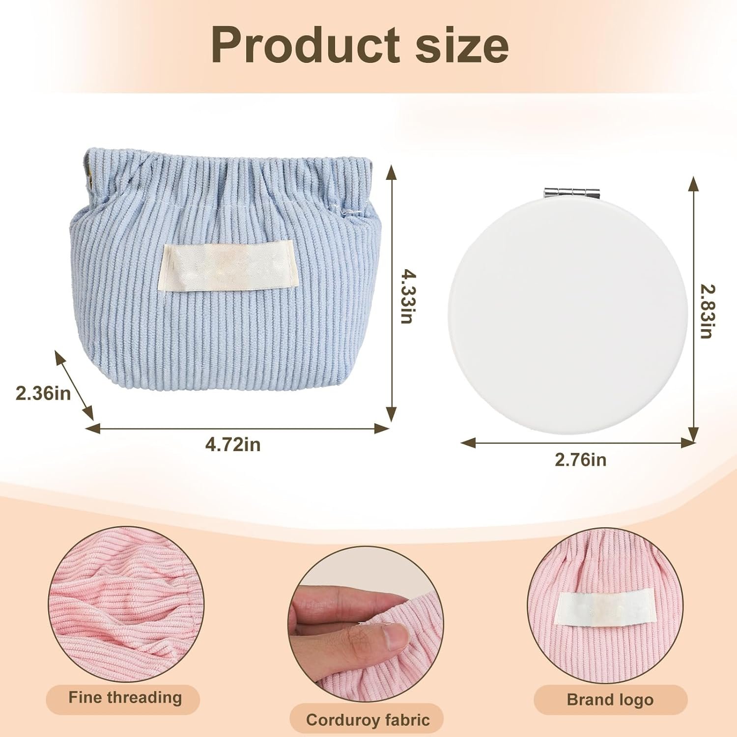 Custom Logo 7-IN-1 Corduroy Makeup Bag Set (6 Bags + 1 Mirror) Squeeze-to-Open Private Label Mini Pouch for Purse No-Zipper Cosmetic Bag for Hair Ties Lipsticks Aesthetic Travel Organizer for Women Manufacturer