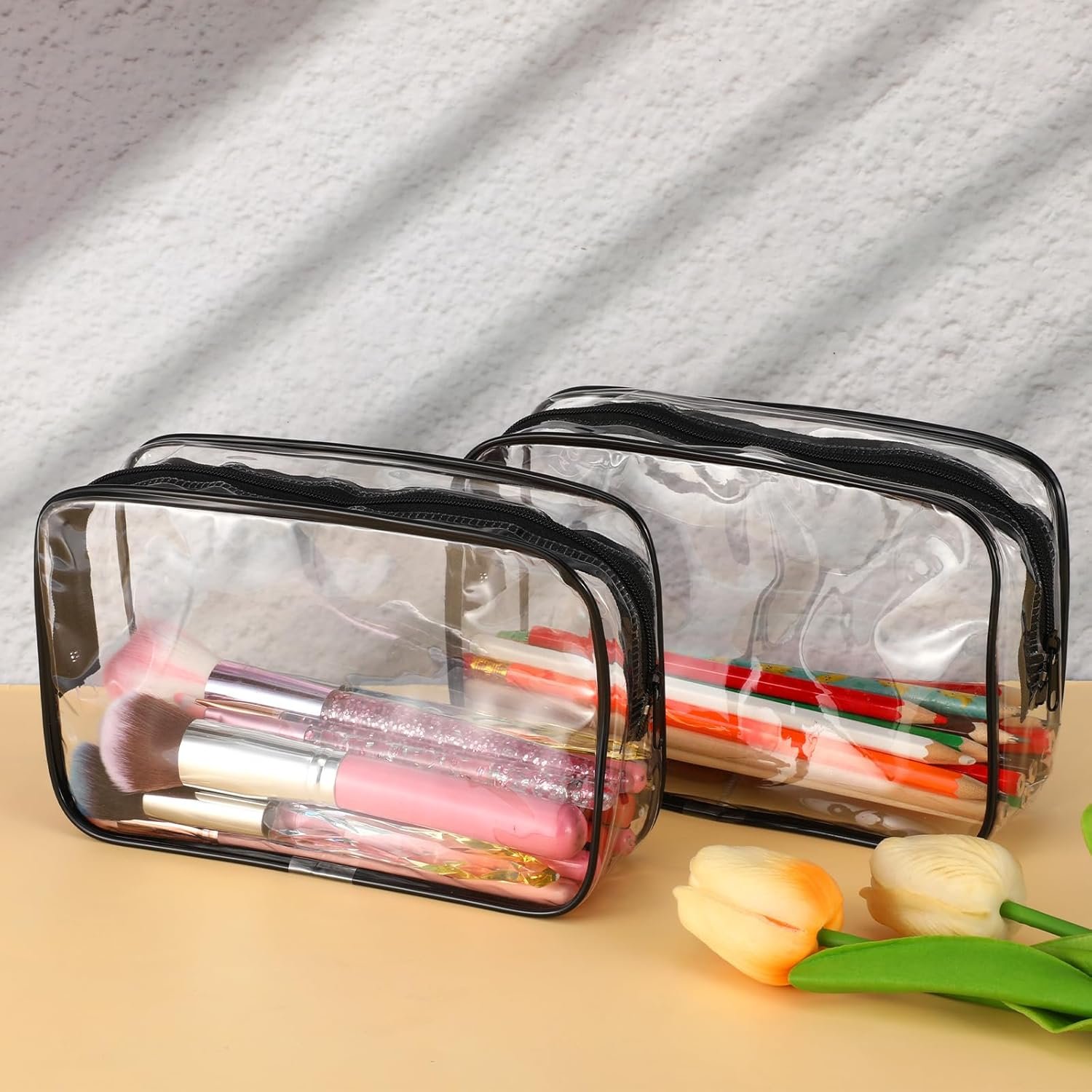 Private Label 2Pcs Big Clear Toiletry Bags with Zipper Custom Logo Multi-use Travel Makeup Brush Bags Transparent PVC Cosmetic Cases Supplier (Black)