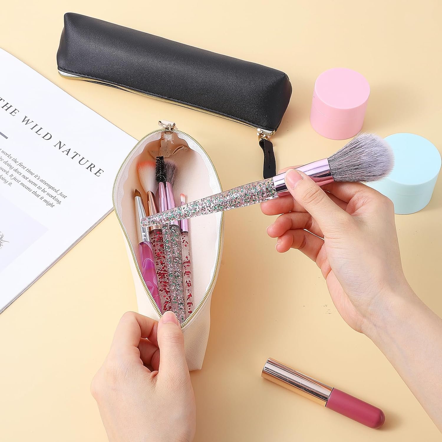 Private Label 2Pcs Mini PU Leather Makeup Bag for Purse Portable Cosmetic Organizer Coin Purse Lipstick Holder Small Travel Storage Pouch with Custom Logo Black Beige Supplier