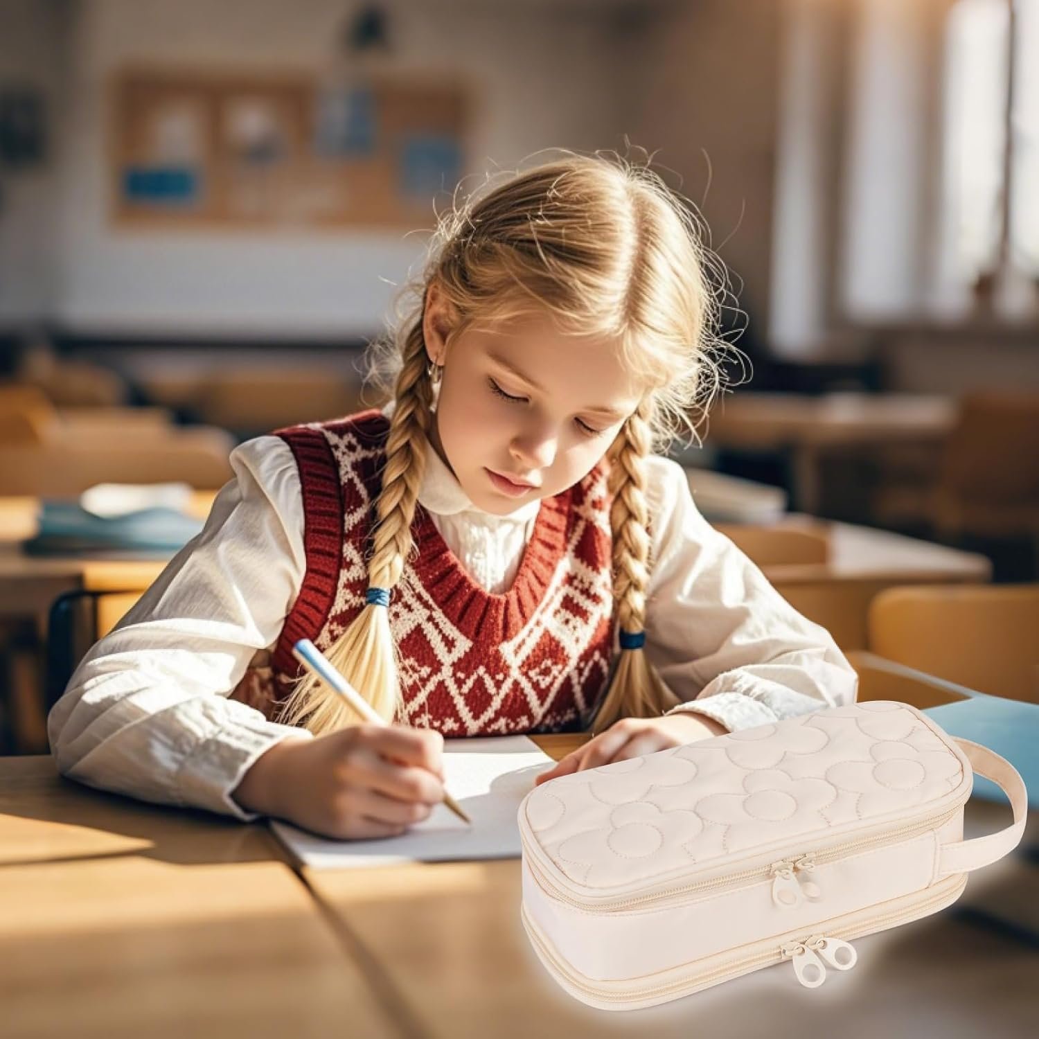 Custom Logo Flower Quilted Large Capacity 2 Compartment Pencil Case for Girls and Women Private Label Zipper Pencil Pouch with Handle Soft Pencil Bag Manufacturer for Middle School Office College