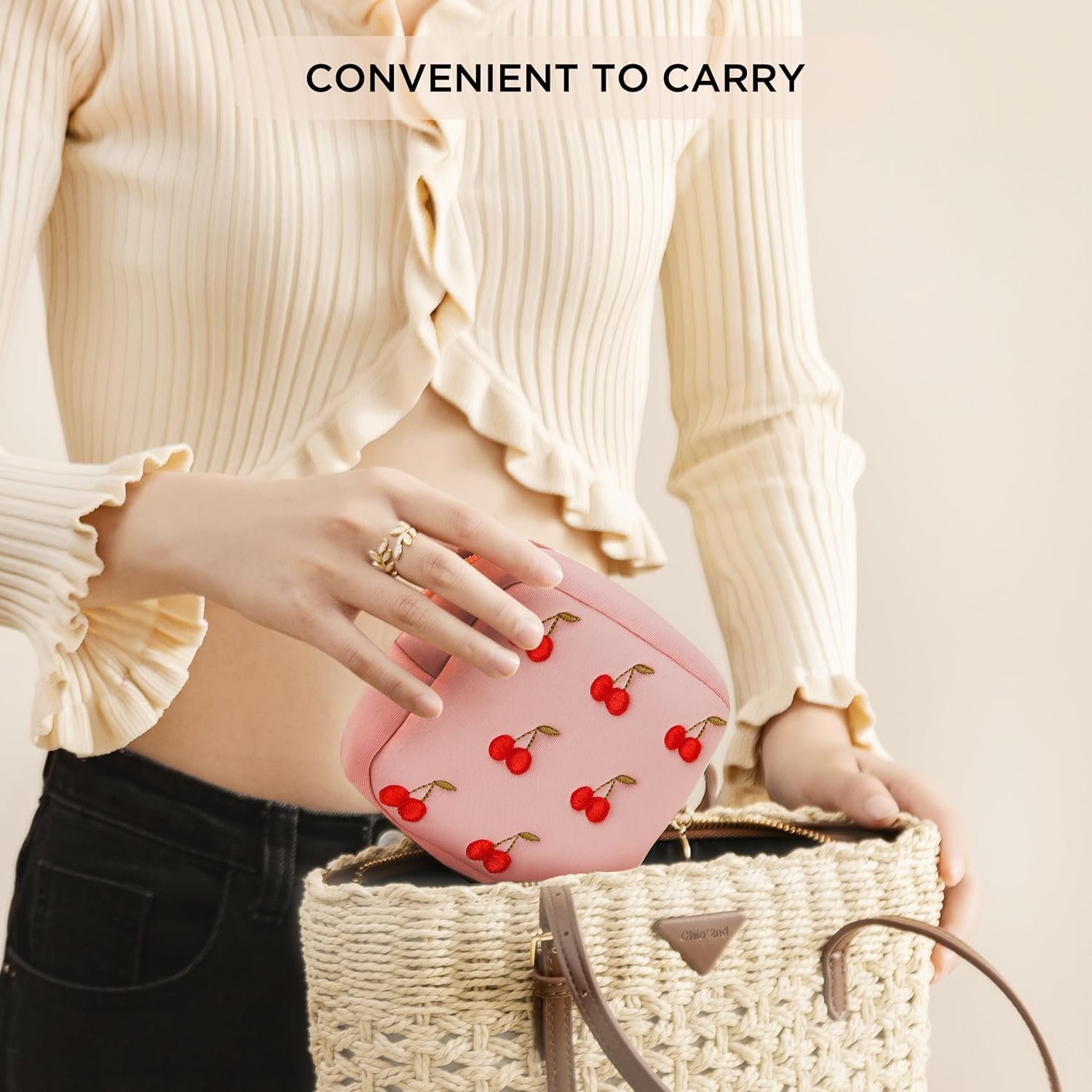 Custom Logo Pink Mini Period Bag for Teen Girls Private Label Sanitary Napkin Storage Small Cherry Embroidery Makeup Bag Factory