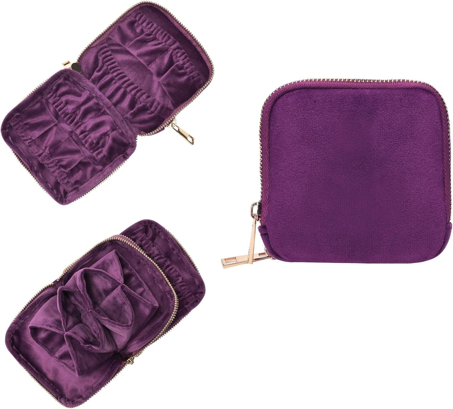 Private Label Travel Jewelry Case Manufacturer 13-Pocket Portable Organizer Pouch Soft Velvet for Necklaces Bracelets Earrings Rings Mini Bag Smooth Double Metal Zipper Gifts for Women Custom Logo Purple