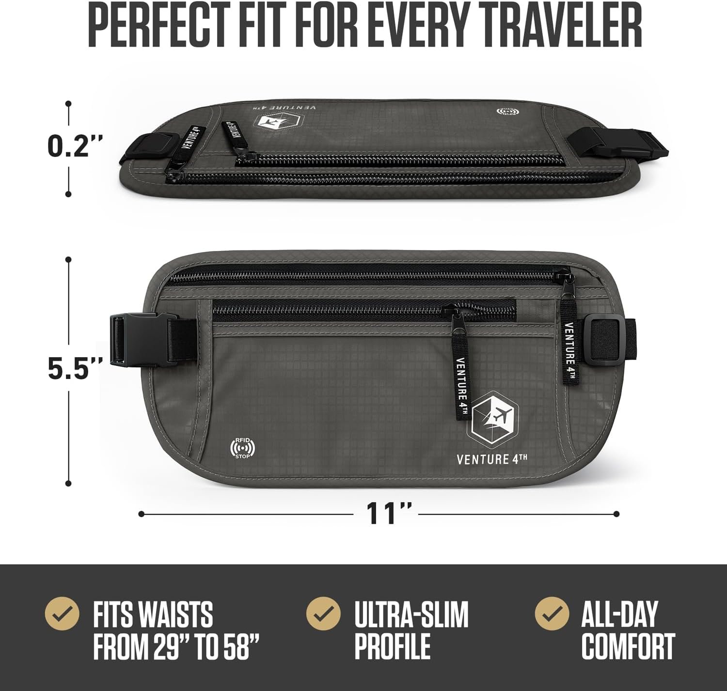 Custom Logo Money Belt for Travel – RFID Blocking Hidden Under-Clothes Passport Holder & Private Label Slim Travel Wallet Pouch for Men & Women to Protect Cash Cards & Documents from Factory (Gray)