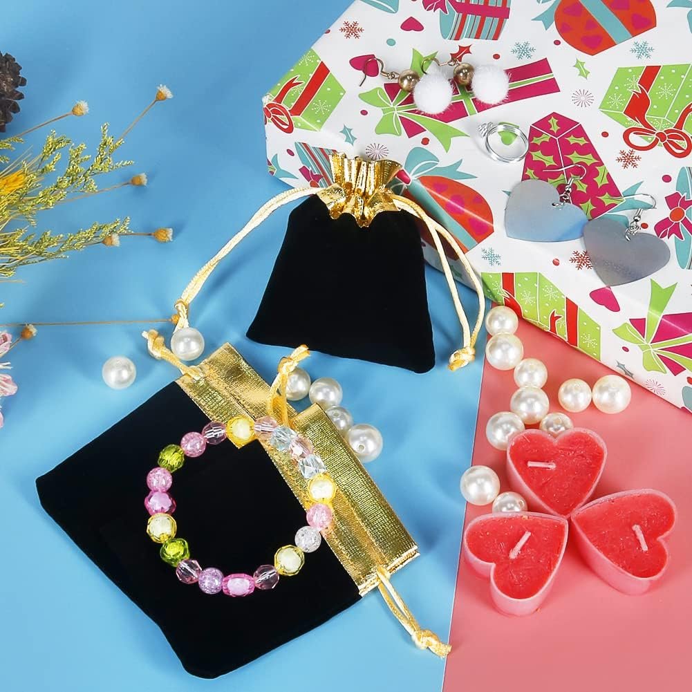 Factory Custom Logo 3x4 Inch Black Gold Velvet Drawstring Pouches 20pcs Private Label for Jewelry Small Gifts