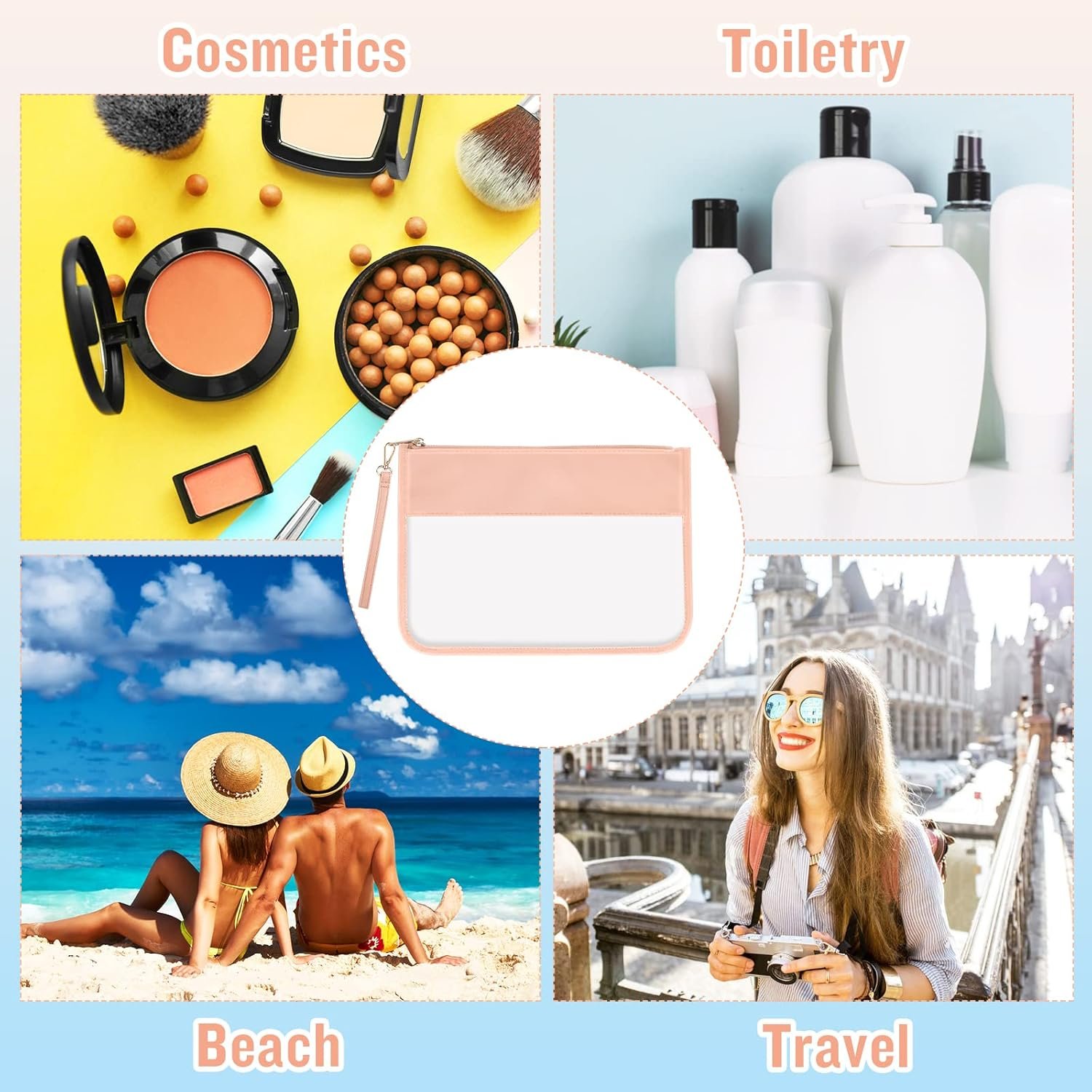 Custom Logo Clear PVC Zipper Pouch with Wristlet Private Label Waterproof Travel Makeup Toiletry Cosmetic Bag DIY Chenille Letters Pink Manufacturer