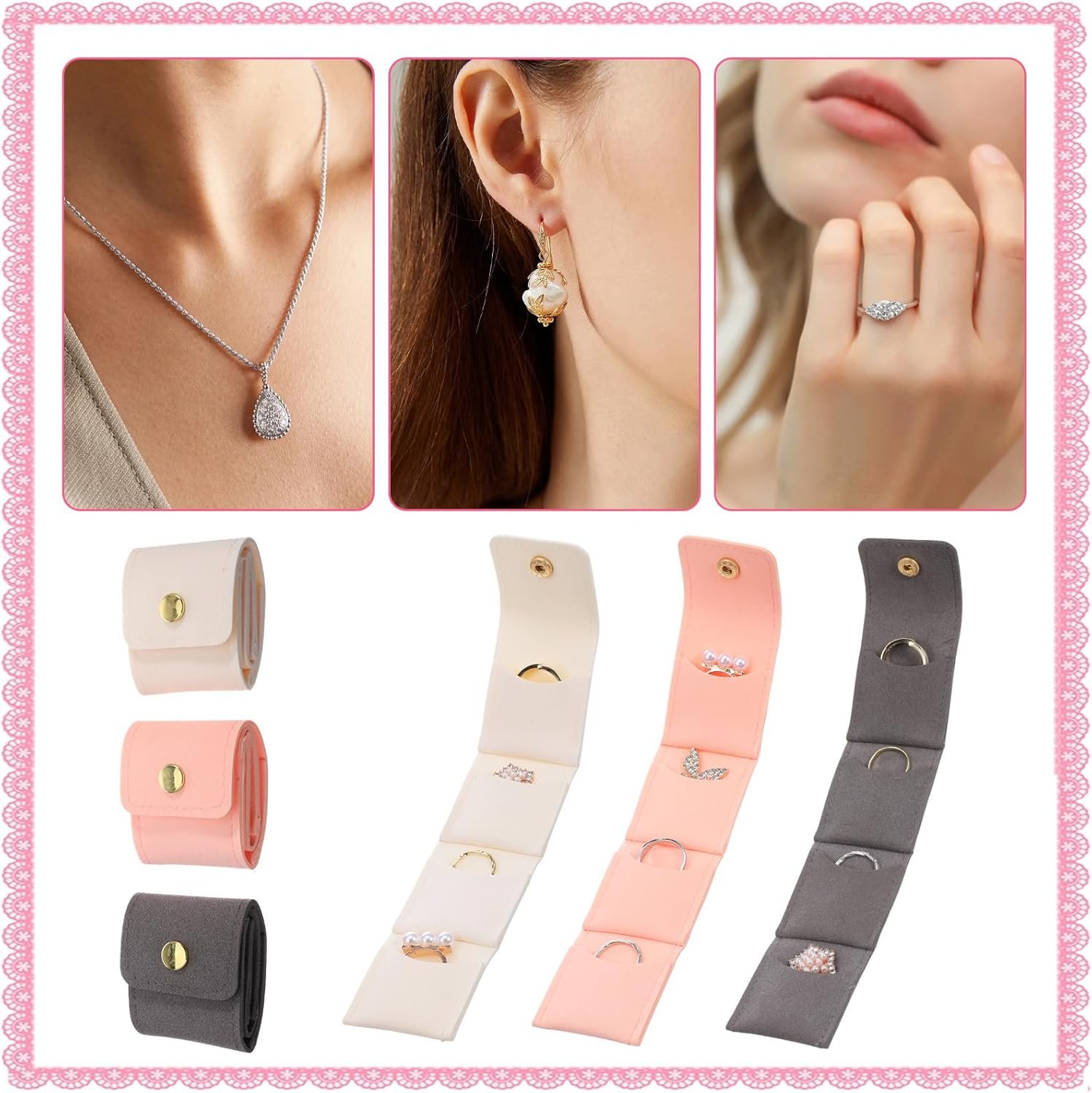 Custom Logo 5 PCS 2 Middle + 3 Small Foldable Mini Travel Jewelry Pouches Private Label Multifunctional Cases for Necklaces Earrings Rings Bracelets Manufacturer