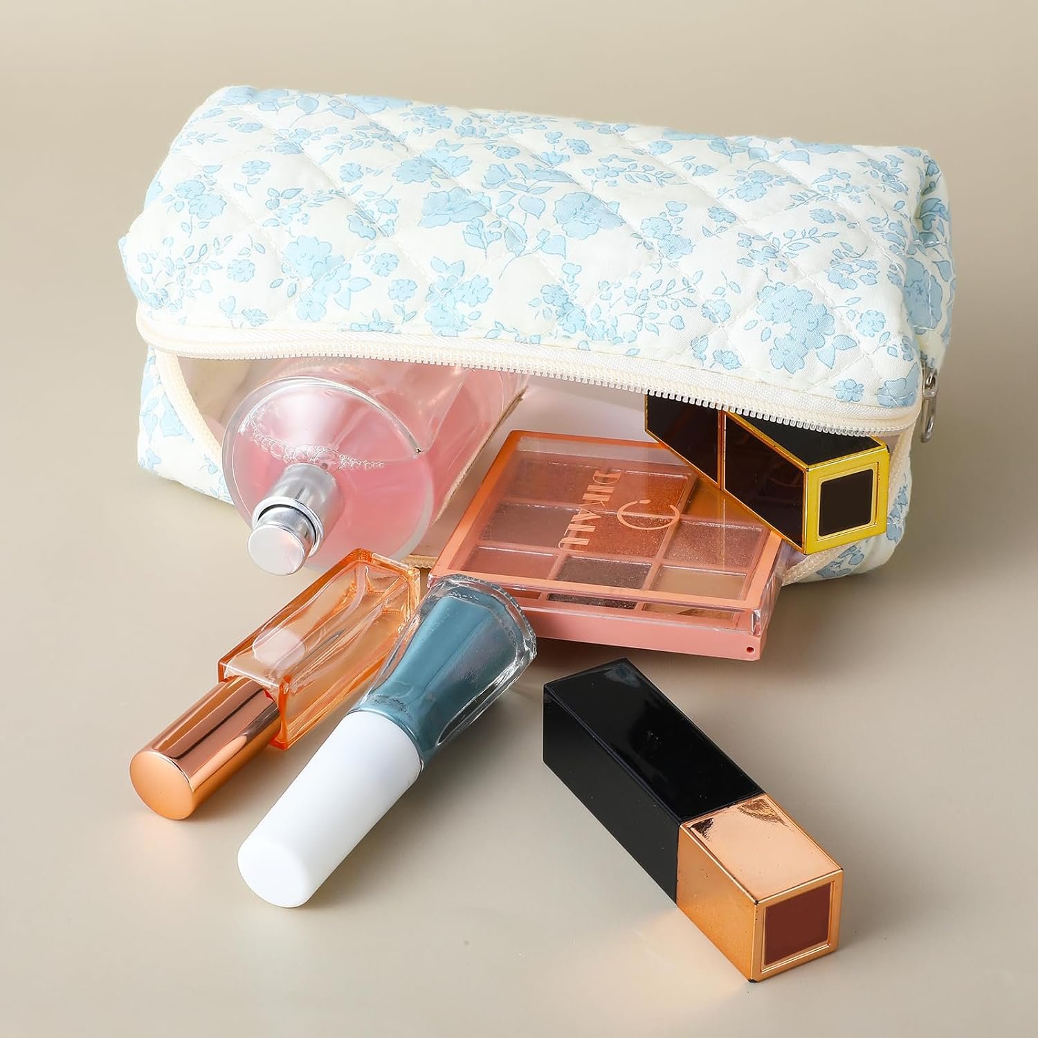 Private Label Aesthetic Blue Flowers Pencil Case, Soft Quilted Wide Opening Pen Pouch Organizer with Custom Logo Zipper for Office College Makeup Storage, Portable Manufacturer