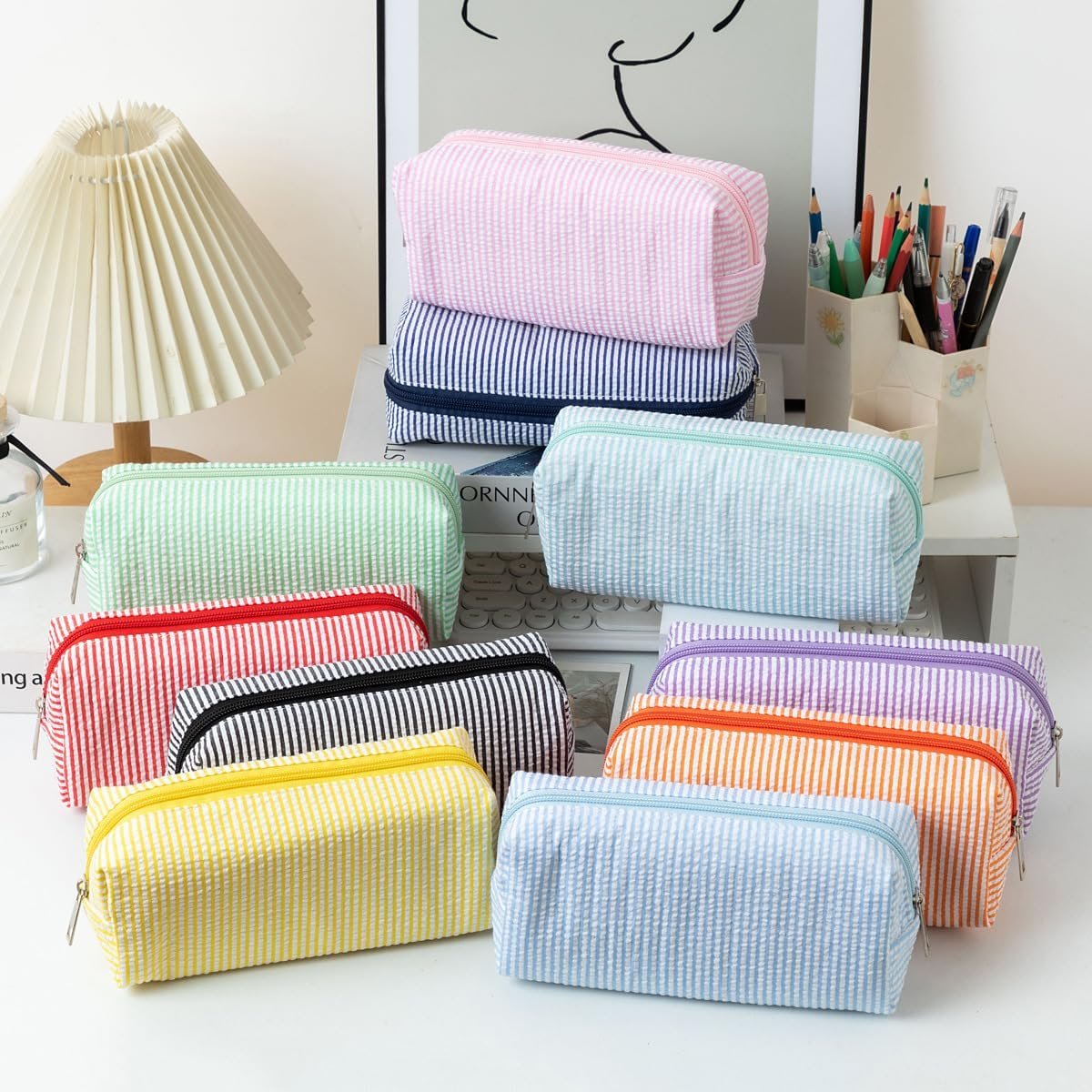 Custom Logo Seersucker Pencil Case Desktop Stationery Large Capacity Embroidery Striped Travel Storage Bag Private Label Multifunctional Cosmetic Pouch Factory Light Blue