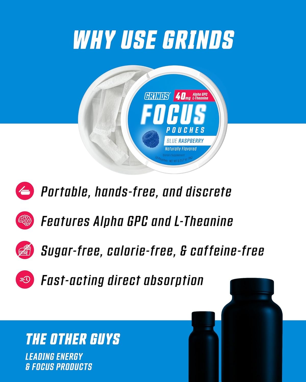 Custom Logo Focus Pouches Naturally Flavored with Nootropic Ingredients Alpha GPC and L-Theanine Private Label Nicotine-Free Sugar-Free 3 Pack 18 Pouches Per Can Blue Raspberry Manufacturer