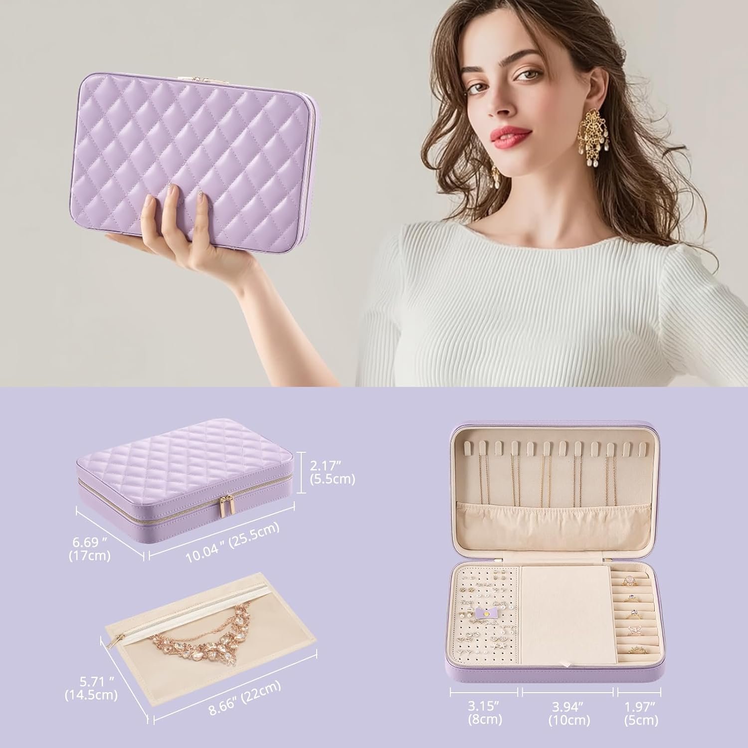 Custom Logo Travel Jewelry Organizer Case with Mirror & Clear Storage Bag for Women Girls, Private Label Portable Earring Necklace Bracelet Ring Box, Large Purple Manufacturer