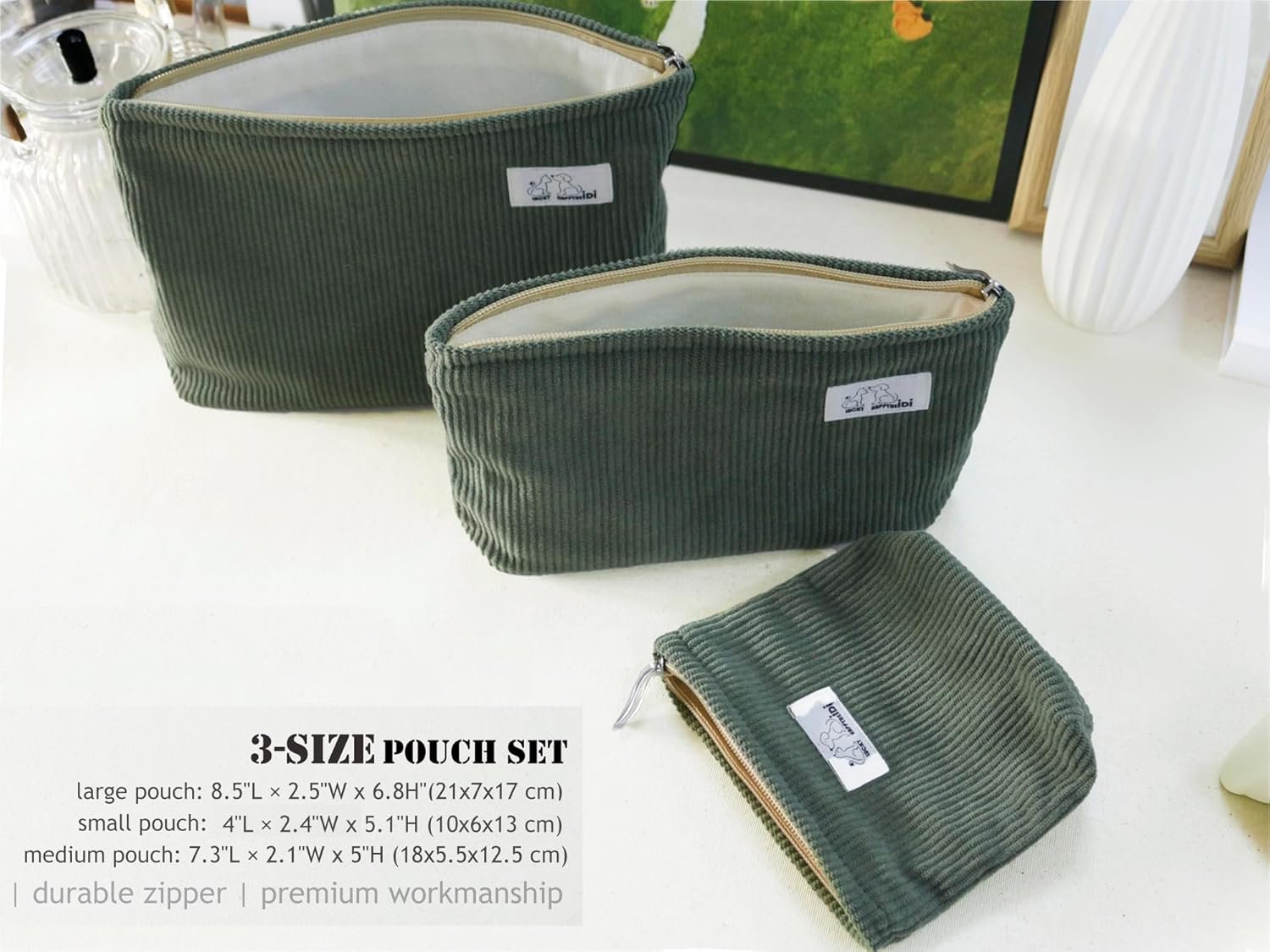 Custom Logo Corduroy Makeup Bag Set 3 Private Label Cosmetic Toiletry Travel Pouch Organizer Large Medium Small Solid Sage Green Manufacturer