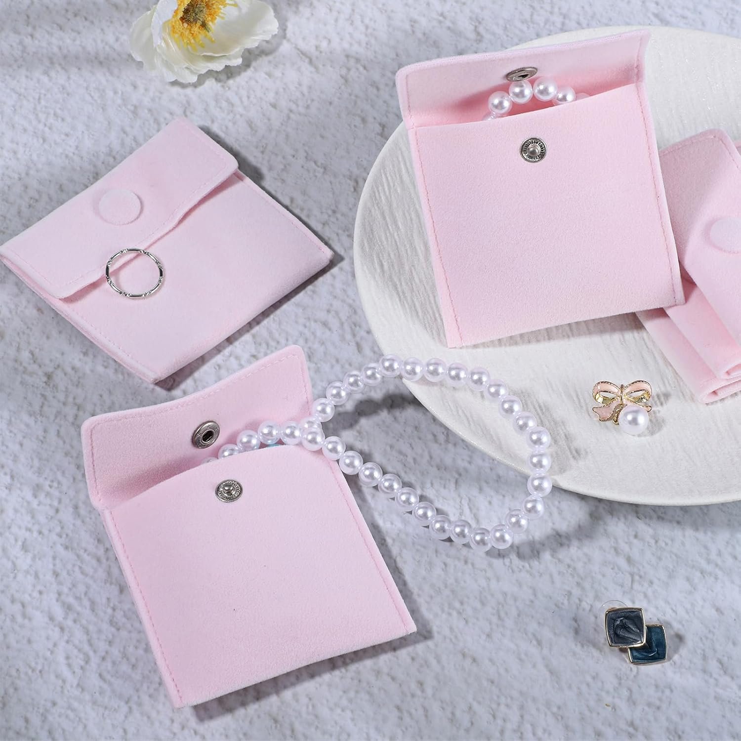 Private Label 12PCS Pink Microfiber Jewelry Pouches 7x7cm Custom Logo Luxury Small Gift Bags with Snap Button Portable for Ring Necklace Earring Bracelet Packaging Supplier