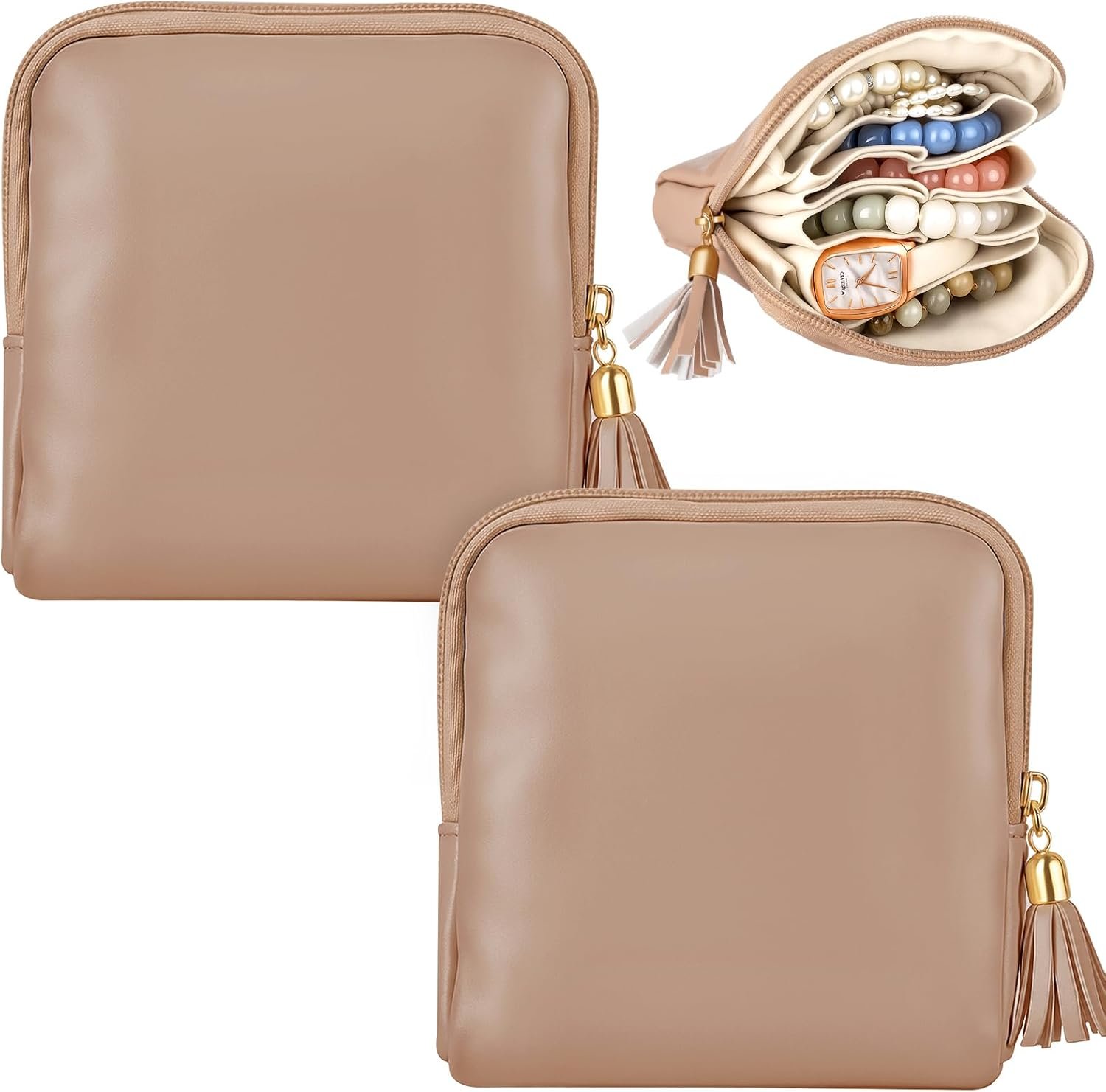 Private Label 2 Pcs Small Travel Jewelry Case - Custom Logo Mini Jewelry Pouch Organizer Bag with Zipper for Bridesmaid Bachelorette Wedding, Portable Waterproof Velvet Jewelry Bag for Rings Necklaces Manufacturer (Brown)