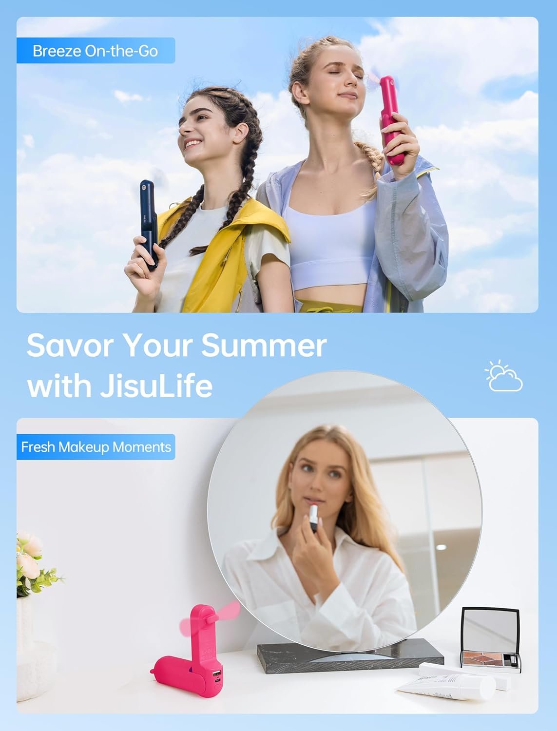 Private Label Handheld Mini Fan Custom Logo 3-in-1 USB Rechargeable Portable Fan [12-19 Working Hours] with Power Bank Flashlight Pocket Design for Travel Summer Concerts Lash Gifts for Women Fuchsia Manufacturer