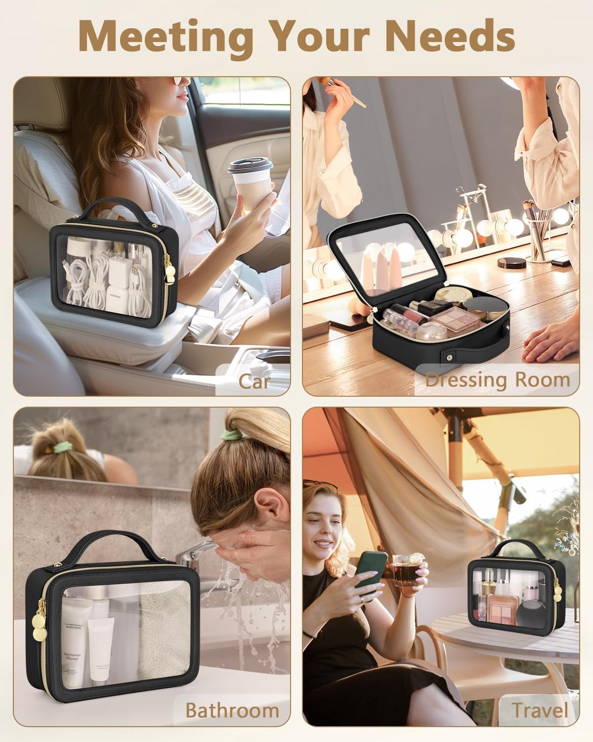 Private Label Clear Portable Makeup Bag with Custom Logo, Waterproof Transparent Leather Toiletry Organizer for Women, Multipurpose Travel Cosmetic Medium Black Manufacturer