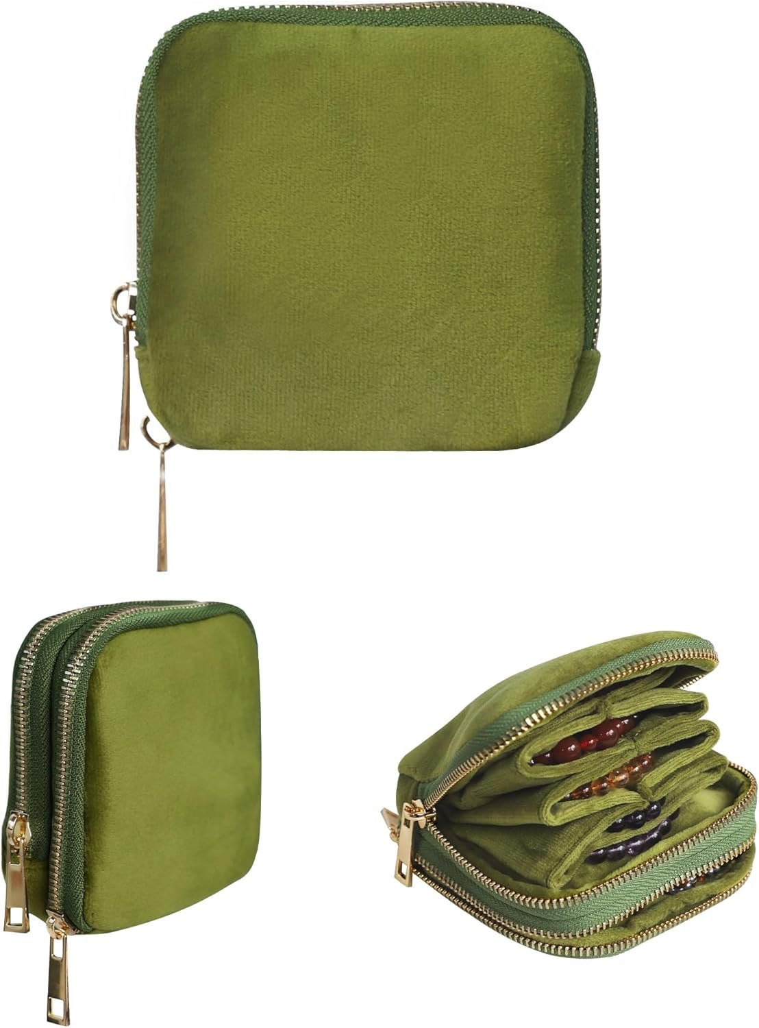Private Label Compact Travel Jewelry Organizer Storage Case Manufacturer for Rings Earrings Necklace Bracelets Portable Velvet Pouch with Double Zippers Accessories Travel Essential Custom Logo Gift for Women Green