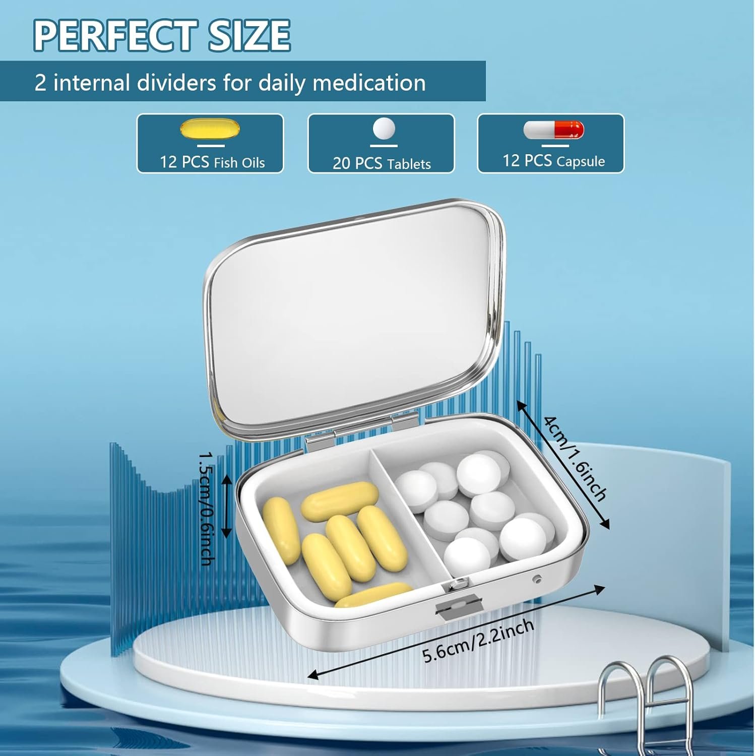 Private Label 2 Compartment Small Pill Box Custom Logo Portable for Pocket Purse Pill Organizer Factory Container for Vitamins Medication Fish Oil Supplements 2PCS