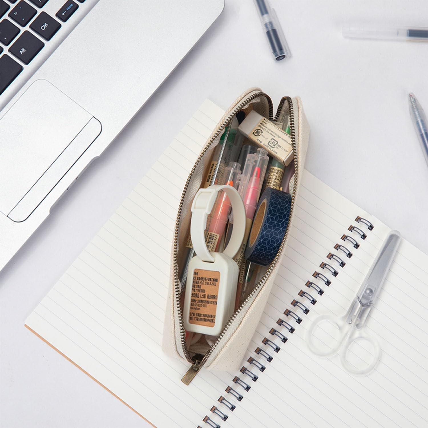 Private Label Canvas Pencil Case Custom Logo Cotton Canvas Multifunctional Zipper Pencil Bag Portable Storage Factory (Beige)